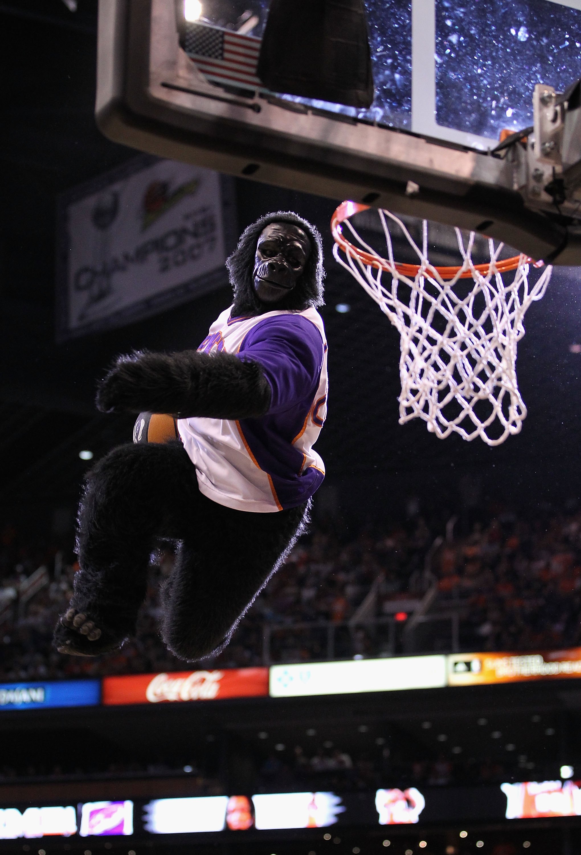 PHOENIX - APRIL 26:  The Phoenix Suns mascot 'Gorilla' performs during Game Five of the Western Conference Quarterfinals of the 2010 NBA Playoffs against the Portland Trail Blazers at US Airways Center on April 26, 2010 in Phoenix, Arizona. The Suns defea