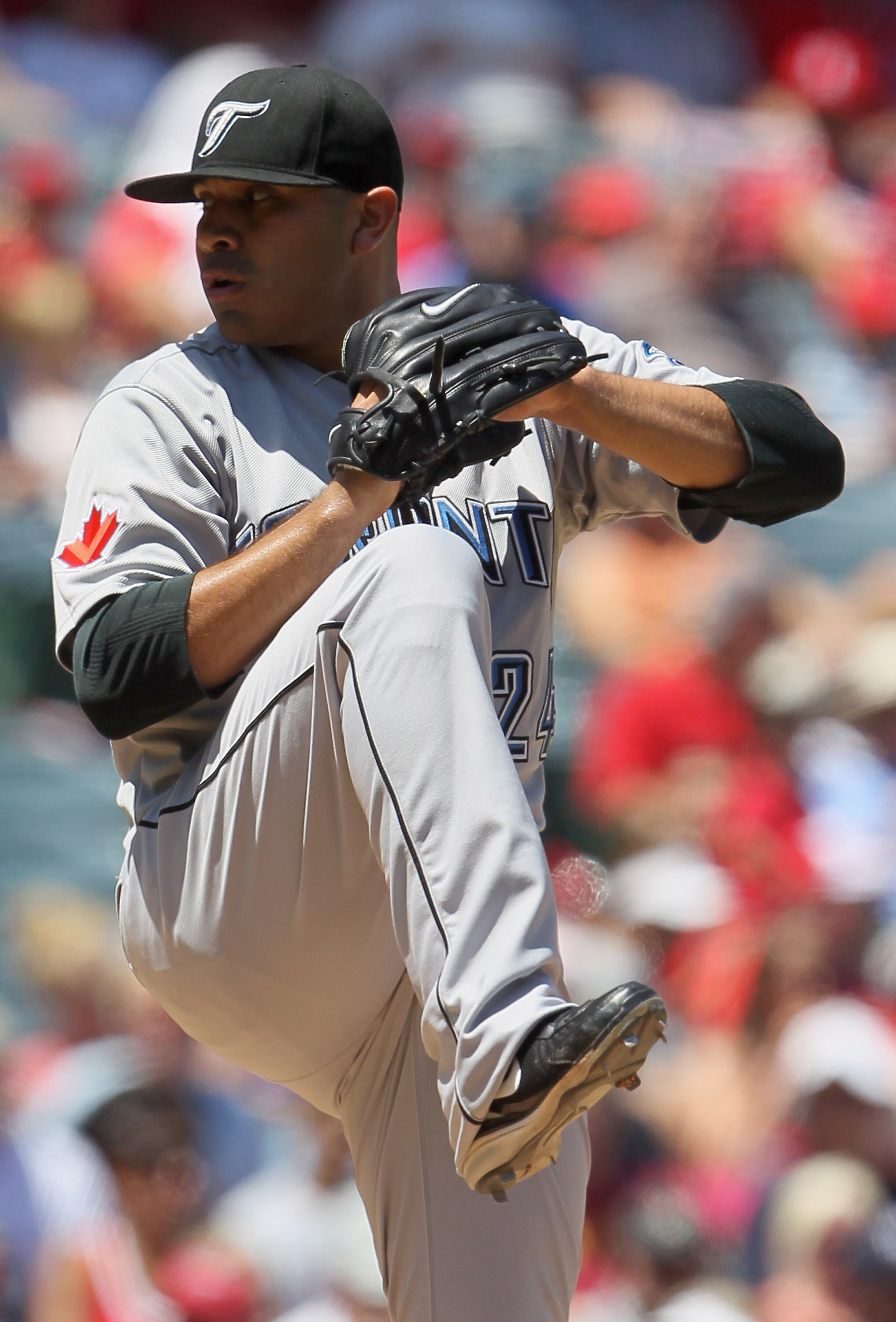 ANAHEIM, CA - AUGUST 15:  Ricky Romero #24 of the Toronto Blue Jays pitches against the Los Angeles Angels of Anaheim in the second inning at Angel Stadium on August 15, 2010 in Anaheim, California. The Blue Jays defeated the Angels 4-1.  (Photo by Jeff G
