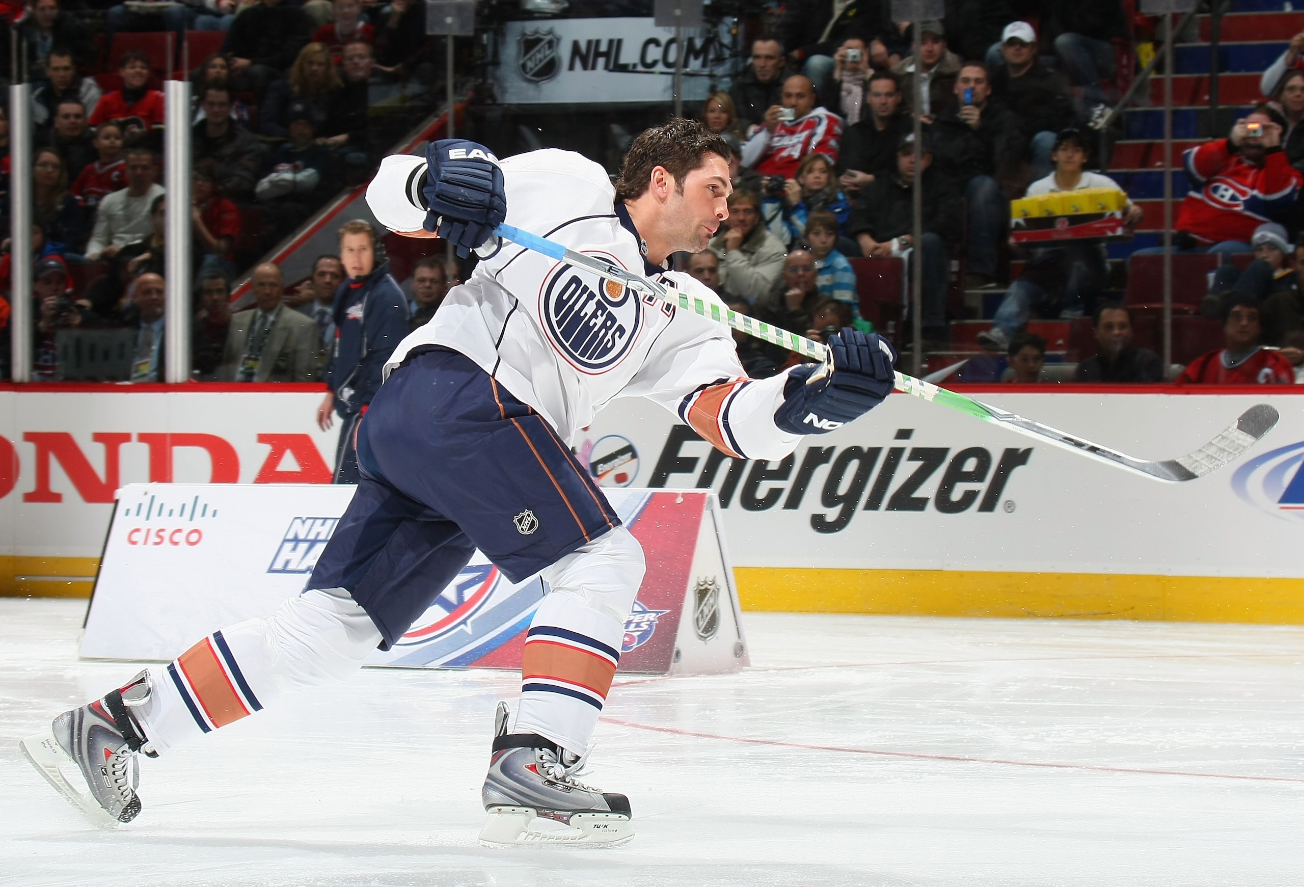 MONTREAL - JANUARY 24:  Western Conference All-Star Sheldon Souray of the Edmonton Oilers competes in the 'Cisco Hardest Shot' during the Honda NHL Superskills competition as part of the 2009 NHL All-Star weekend on January 24, 2009 at the Bell Centre in 