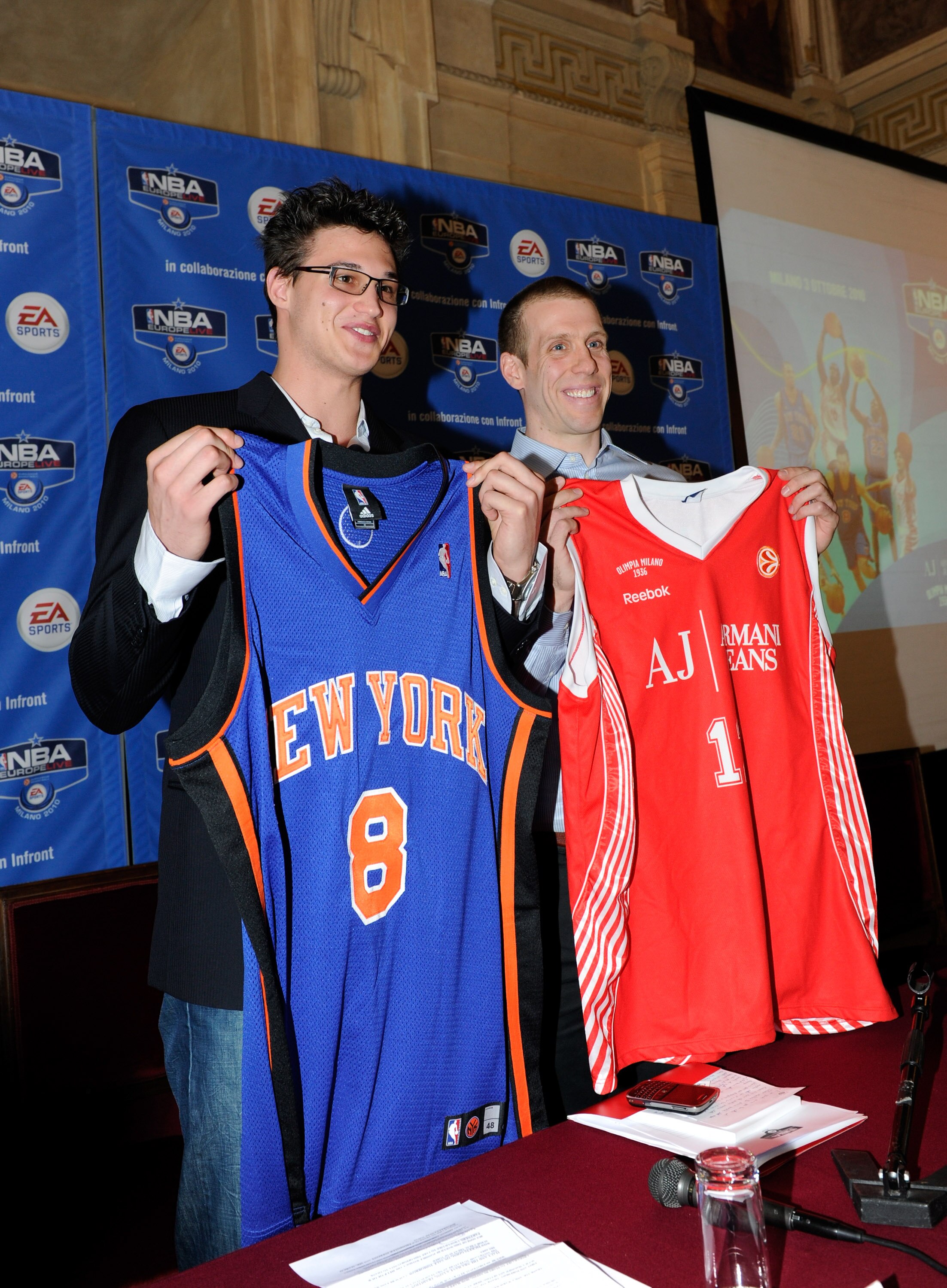 MILAN, ITALY - MAY 18:  New York guard Danilo Gallinari and Armani Jeans Milano team captain Mason Rocca during NBA Europe Live game on May 18, 2010 in Milan, Italy.  (Photo by Claudio Villa/Getty Images)