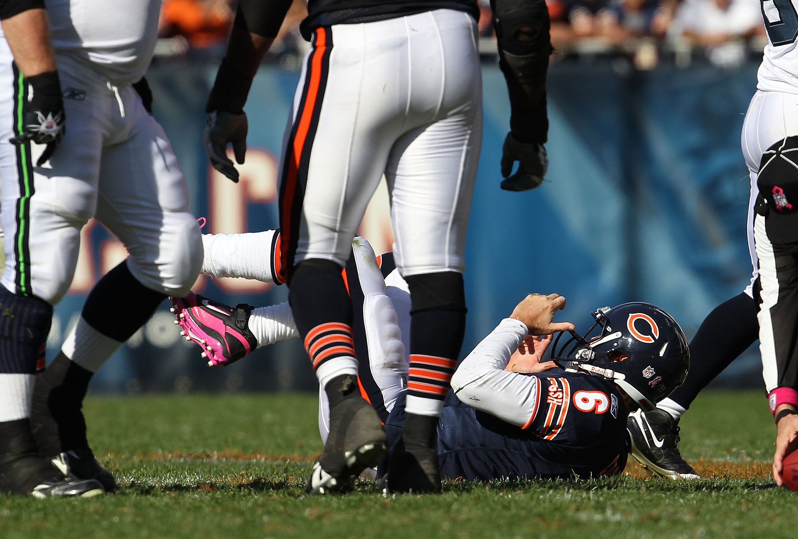 CHICAGO - OCTOBER 17: Jay Cutler #6 of the Chicago Bears lays on the ground after being sacked by the Seattle Seahawks at Soldier Field on October 17, 2010 in Chicago, Illinois. The Seahawks defeated the Bears 23-20. (Photo by Jonathan Daniel/Getty Images