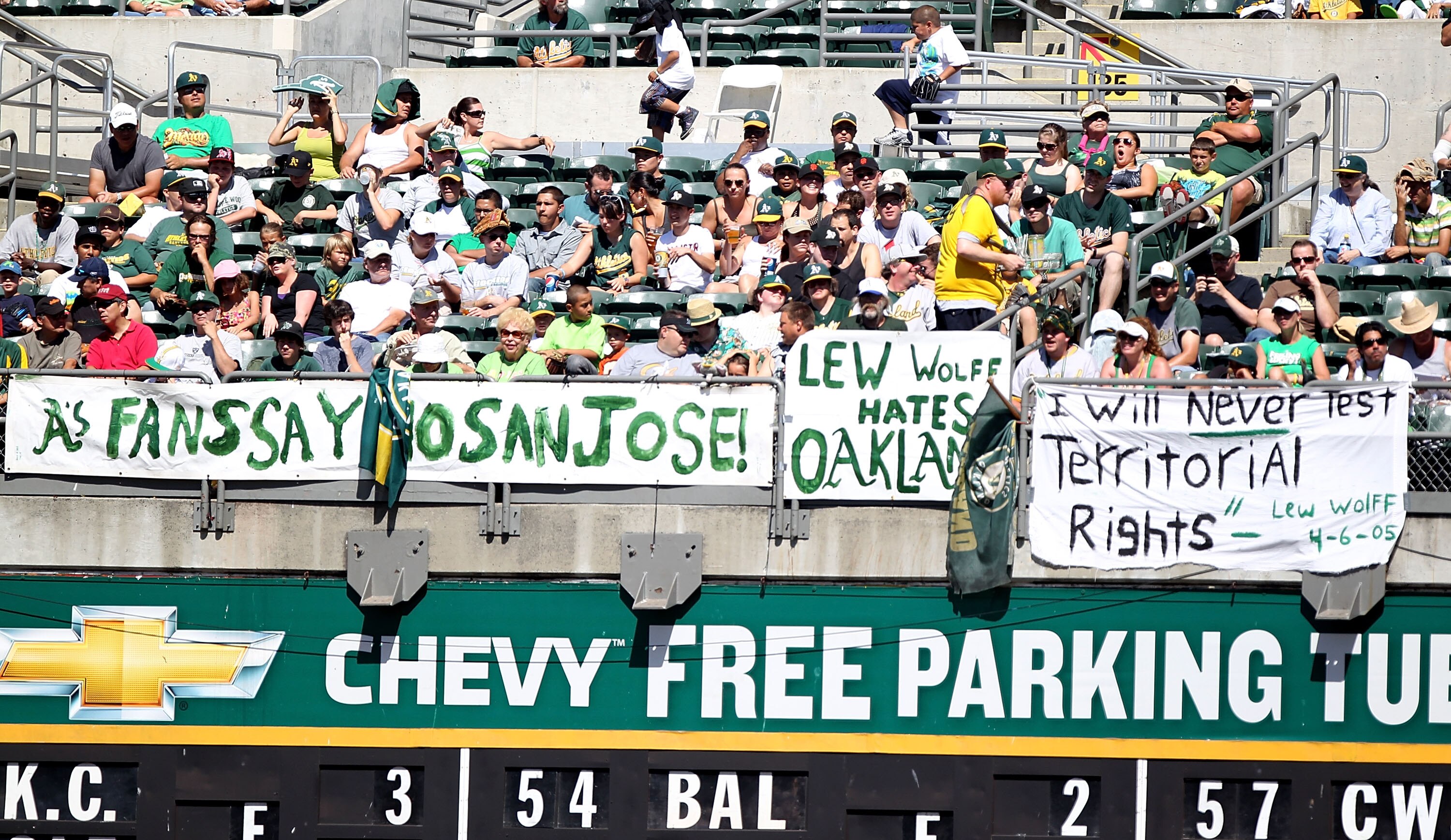 OAKLAND, CA - SEPTEMBER 26:  Fans of the Oakland Athletics look on against the Texas Rangers during a Major League Baseball game at the Oakland-Alameda County Coliseum on September 26, 2010 in Oakland, California. (Photo by Jed Jacobsohn/Getty Images)