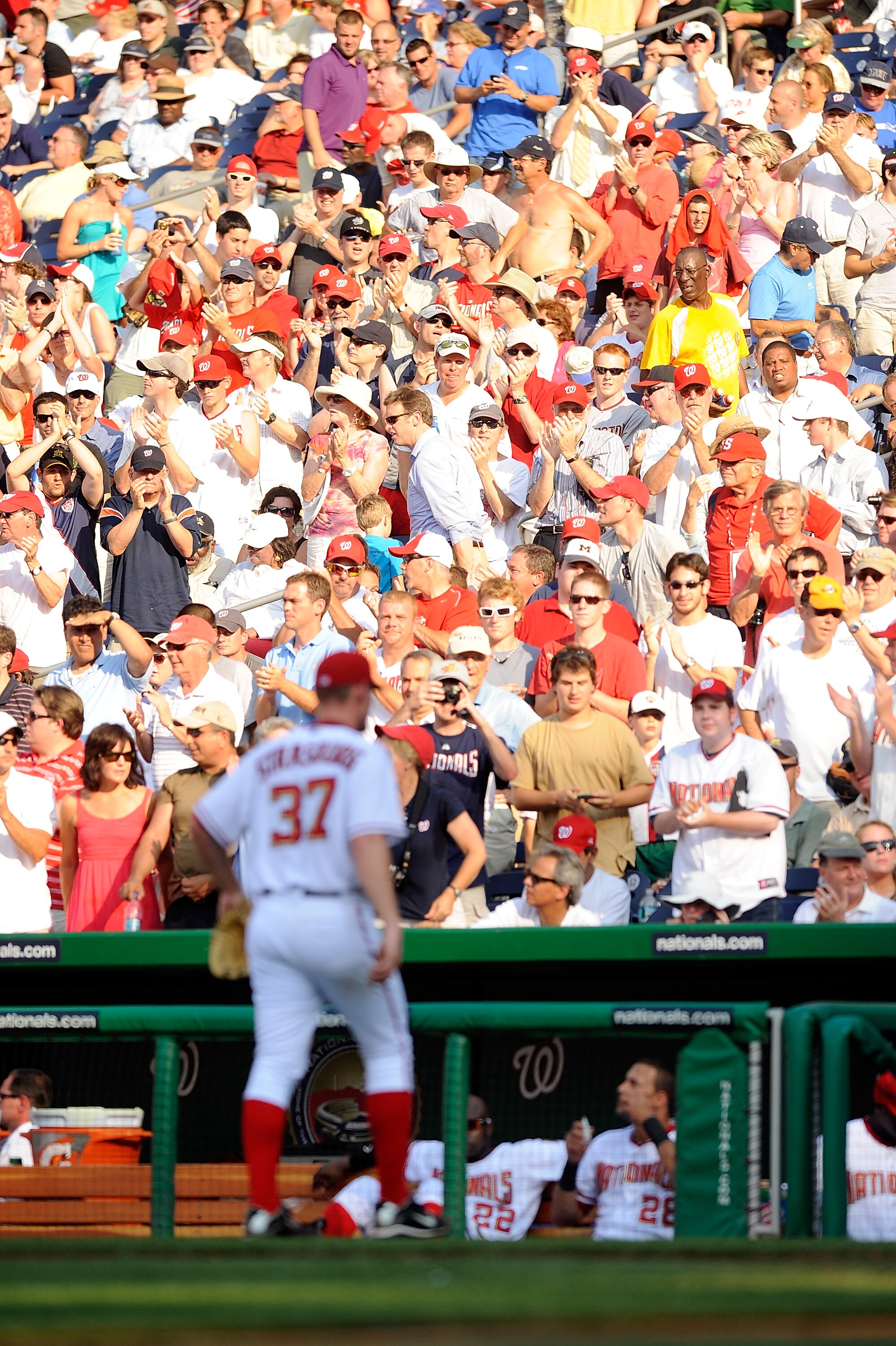 WASHINGTON - JUNE 23:  Stephen Strasburg #37 of the Washington Nationals is cheered on by the fans as he walks off the field after the sixth inning against the Kansas City Royals at Nationals Park on June 23, 2010 in Washington, DC.  (Photo by Greg Fiume/