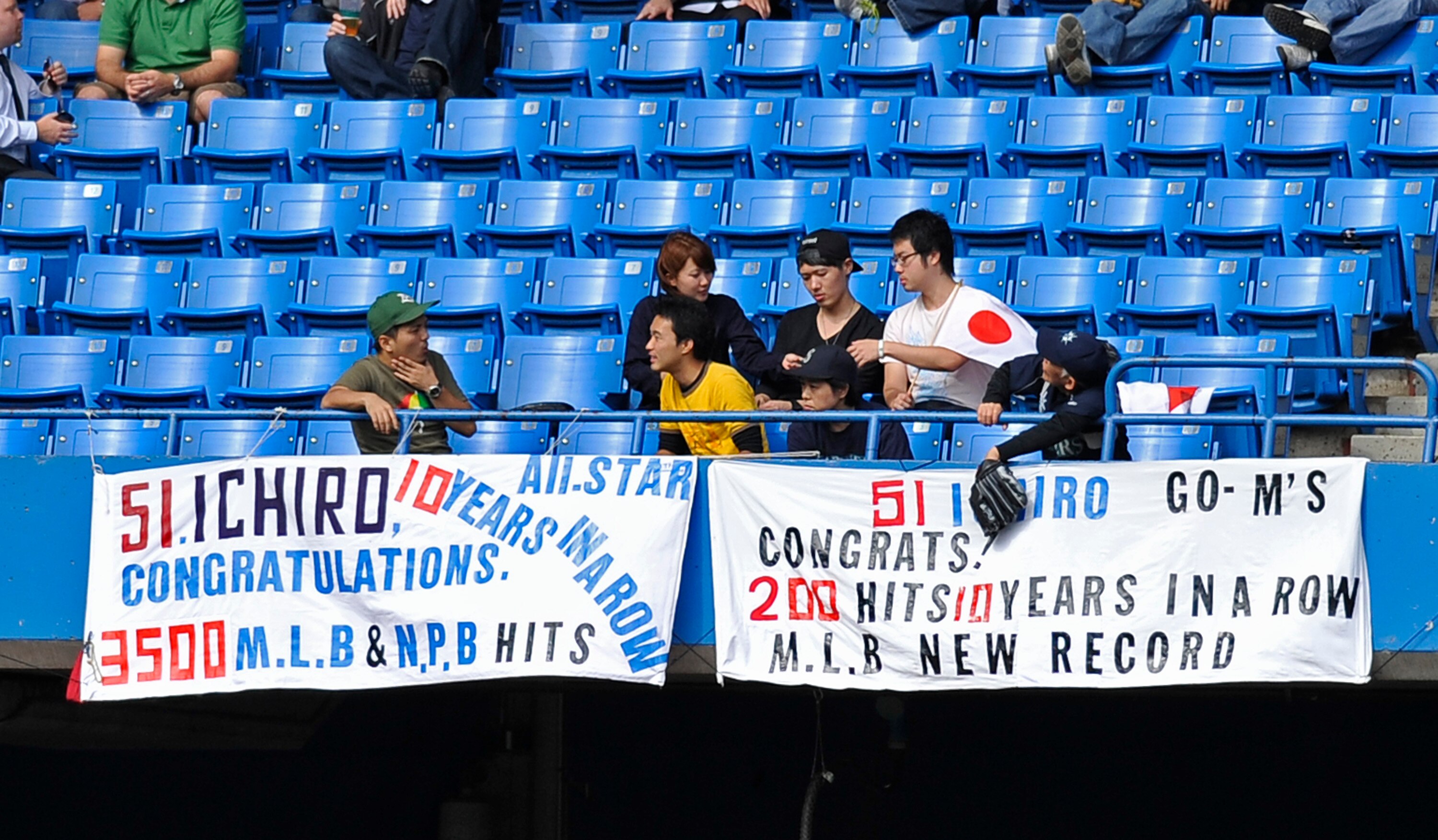 TORONTO - SEPTEMBER 23:   Fans hang banners to honour Ichiro Suzuki # 51 of the Seattle Mariners 200th hit of the season during game action against the Toronto Blue Jays September 23, 2010 at Rogers Centre in Toronto, Ontario, Canada. (Photo by Brad White