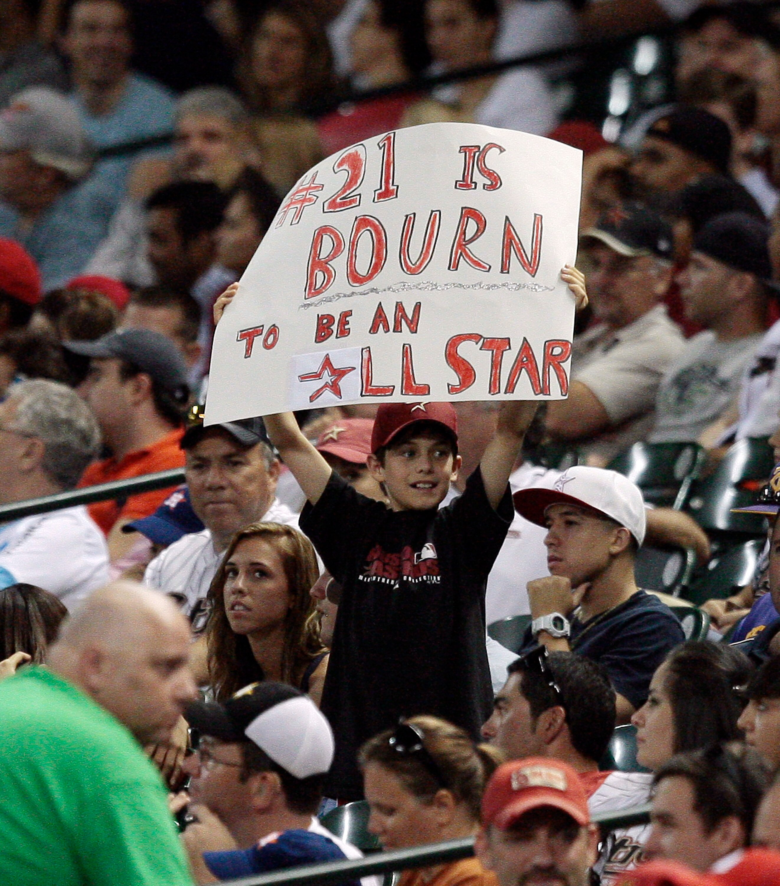 HOUSTON - JULY 09:  A young fan holds a sign showing support for Michael Bourn #21 of the Houston Astros going to the All-Star game, during the game against the St. Louis Cardinals on July 9, 2010 in Houston, Texas.  (Photo by Bob Levey/Getty Images)