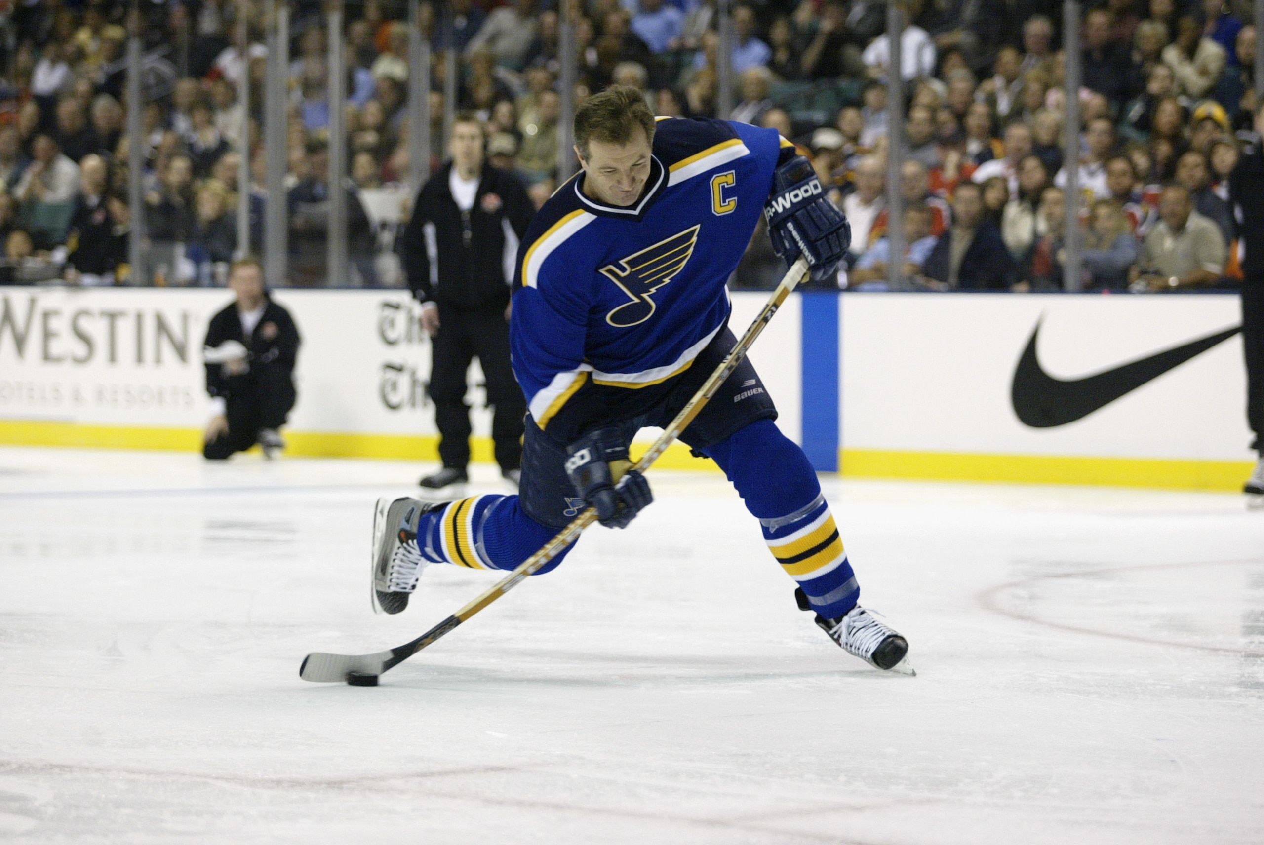 SUNRISE, FL - FEBRUARY 1:  Western competitor Al MacInnis #2 of the St. Louis Blues fires off a 98.9 mph shot in the Hardest Shot event during the Dodge SuperSkills competition, part of 53rd NHL All-Star Weekend presented by Nextel, at the Office Depot Ce