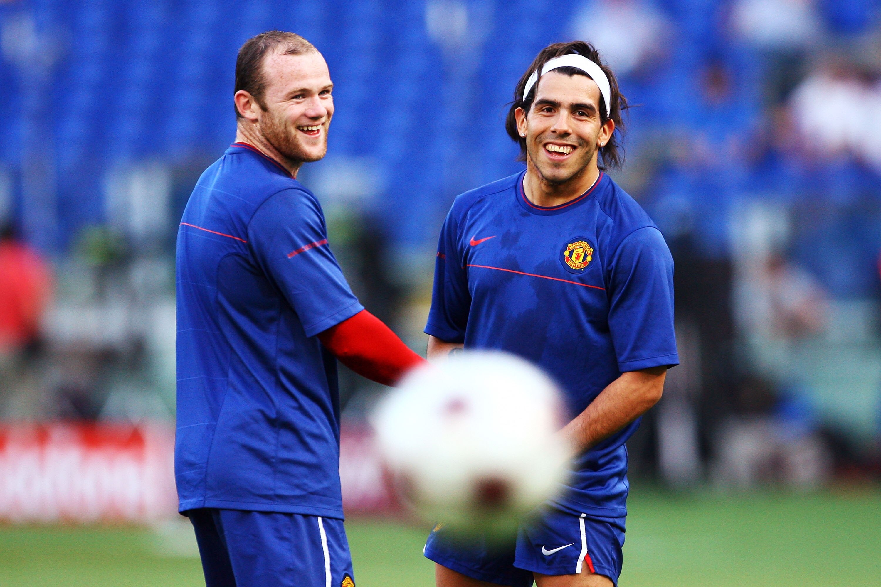 ROME - MAY 26:  Wayne Rooney and Carlos Tevez of Manchester United attend the Manchester United training session prior to UEFA Champions League Final versus Barcelona at the Stadio Olimpico on May 26, 2009 in Rome, Italy.  (Photo by Alex Livesey/Getty Ima