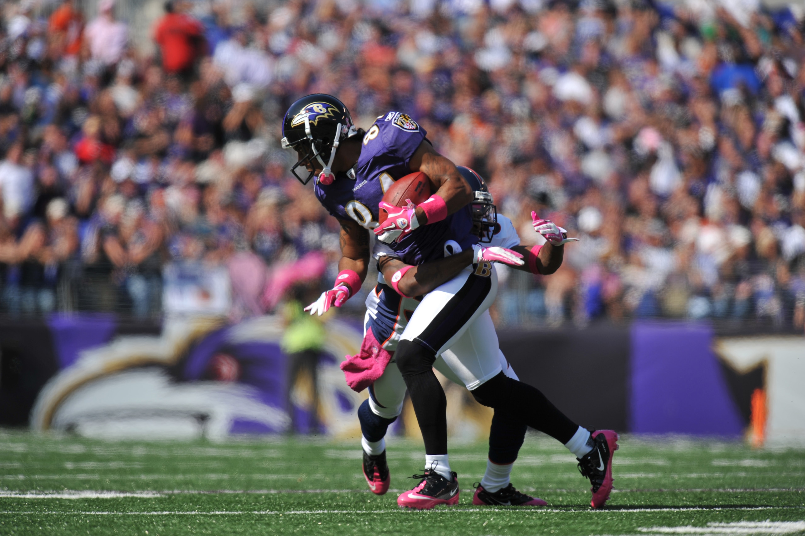 BALTIMORE, MD - OCTOBER 10: T.J. Houshmandzadeh #84 of the Baltimore Ravens makes a catch against the Denver Broncos at M&T Bank Stadium on October 10, 2010 in Baltimore, Maryland. Players wore pink in recognition of Breast Cancer Awareness Month. The Rav