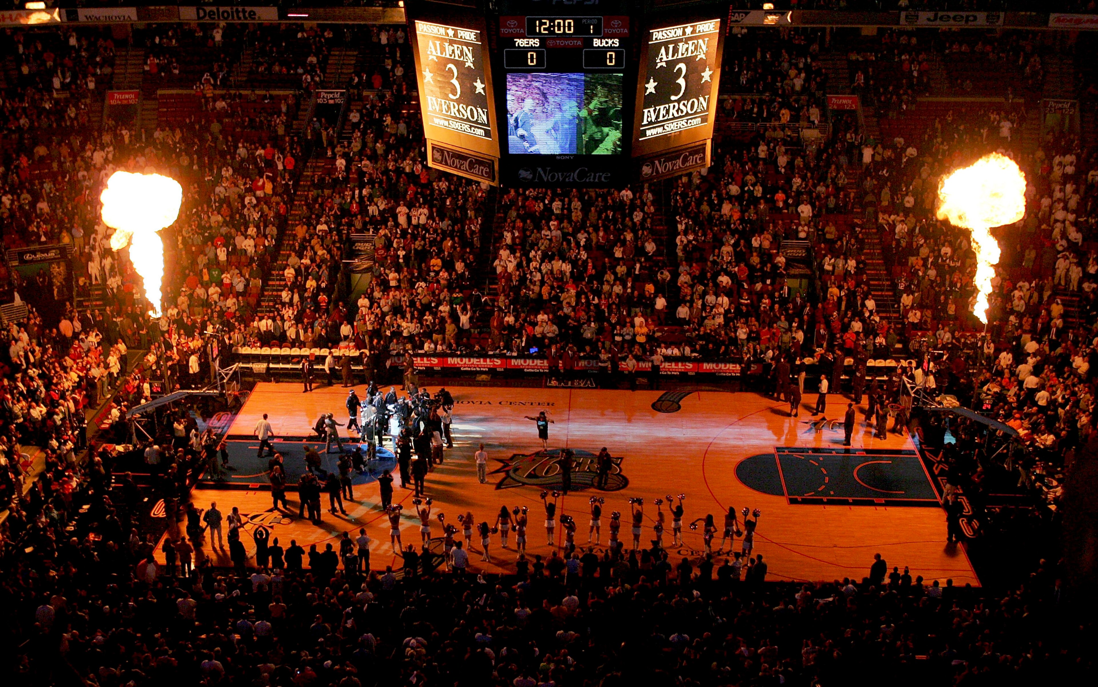 PHILADELPHIA - NOVEMBER 01:  Allen Iverson #3 of the Philadelphia 76ers is announced duirng pregame introductions before their game against the Milwaukee Bucks at the Wachovia Center on November 1, 2005  in Philadelphia, Pennsylvania. NOTE TO USER: User e