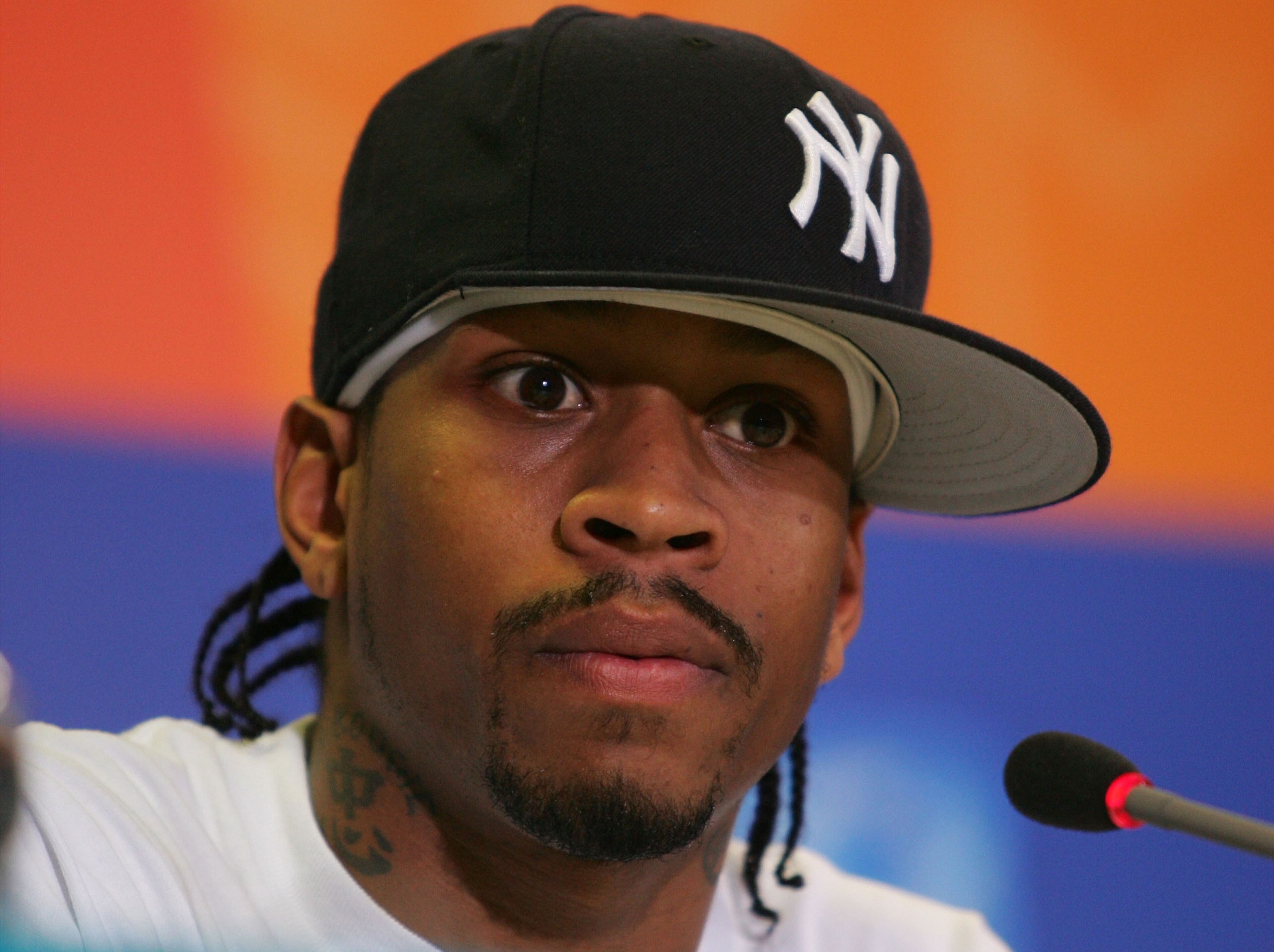 ATHENS - AUGUST 27:  Allen Iverson #4 of United States at a press conference after losing to Argentina in the men's basketball semifinal game on August 27, 2004 during the Athens 2004 Summer Olympic Games at the Indoor Hall of the Olympic Sports Complex i