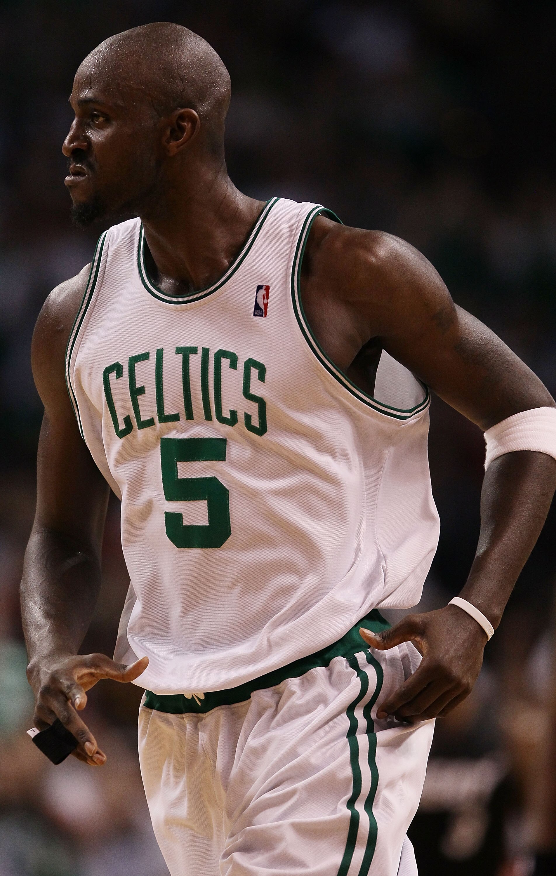 BOSTON - APRIL 27:  Kevin Garnett #5 of the Boston Celtics celebrates his basket in the second half against the Miami Heat during Game Five of the Eastern Conference Quarterfinals of the 2010 NBA playoffs at the TD Garden on April 27, 2010 in Boston, Mass