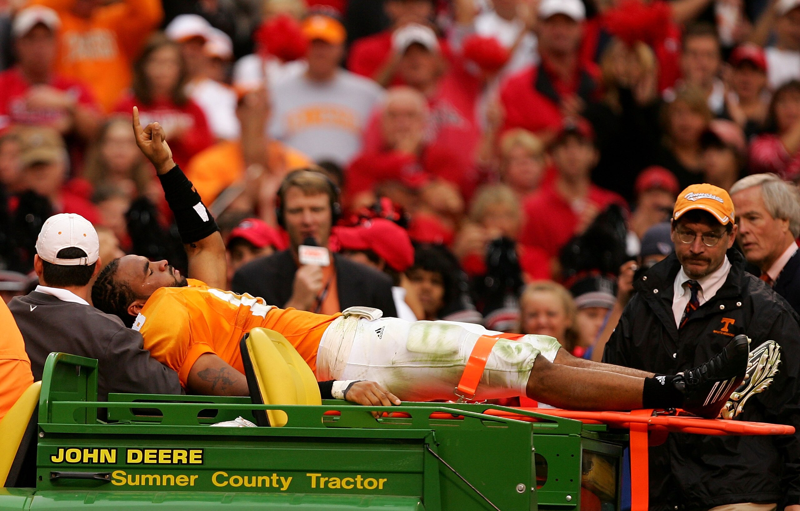 KNOXVILLE, TN - OCTOBER 08:  Jason Allen #18 of the Tennessee Volunteers is taken off the field after an injury in the first half during a game against the Georgia Bulldogs October 8, 2005 at Neyland Stadium in Knoxville, Tennessee.  The Bulldogs defeated