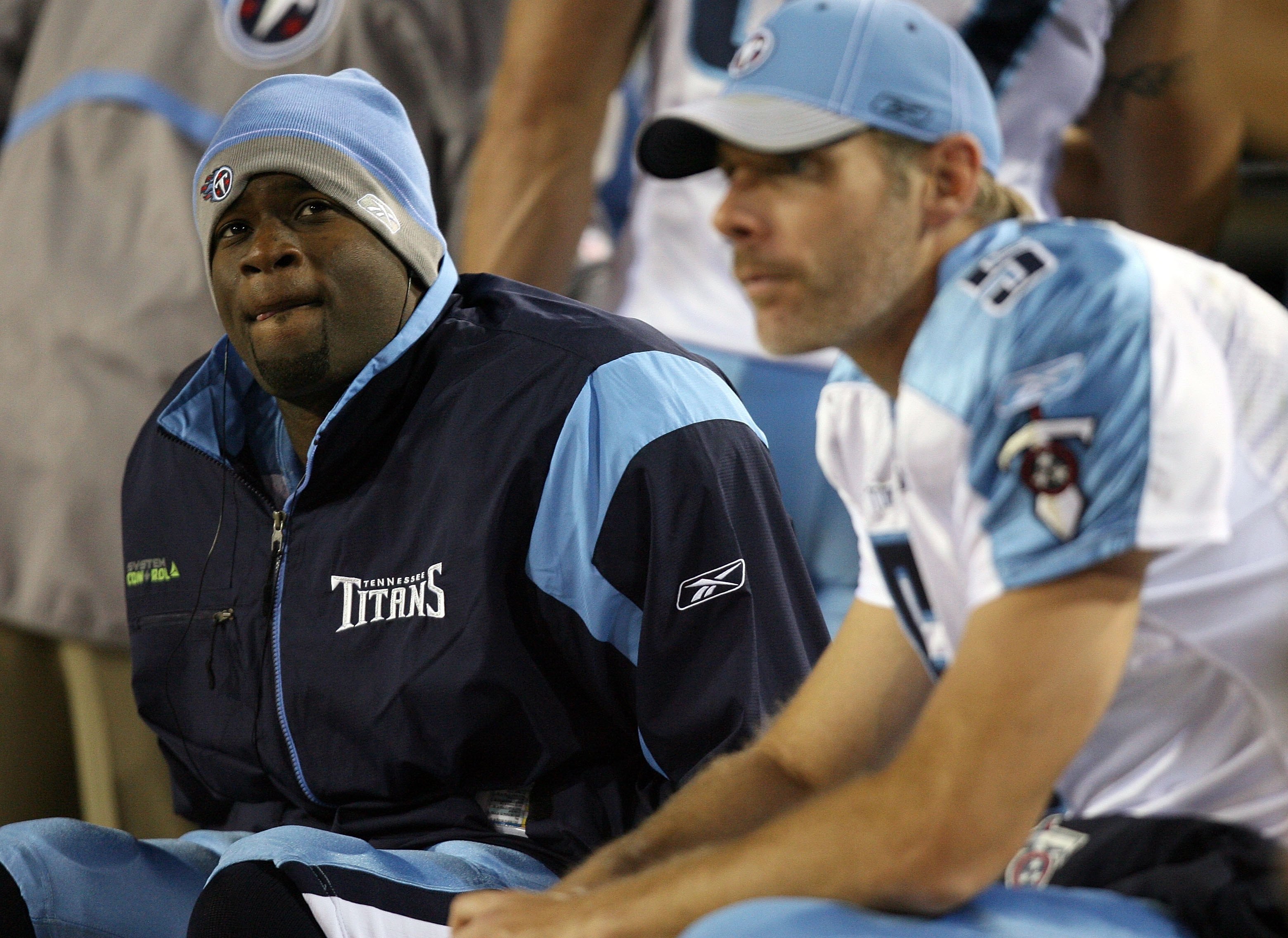 JACKSONVILLE, FL - NOVEMBER 16:  Quarterbacks Kerry Collins #5 and Vince Young #10 of the Tennessee Titans talk on the sidelines in the second half while taking on the Jacksonville Jaguars at Jacksonville Municipal Stadium on November 16, 2008 in Jacksonv