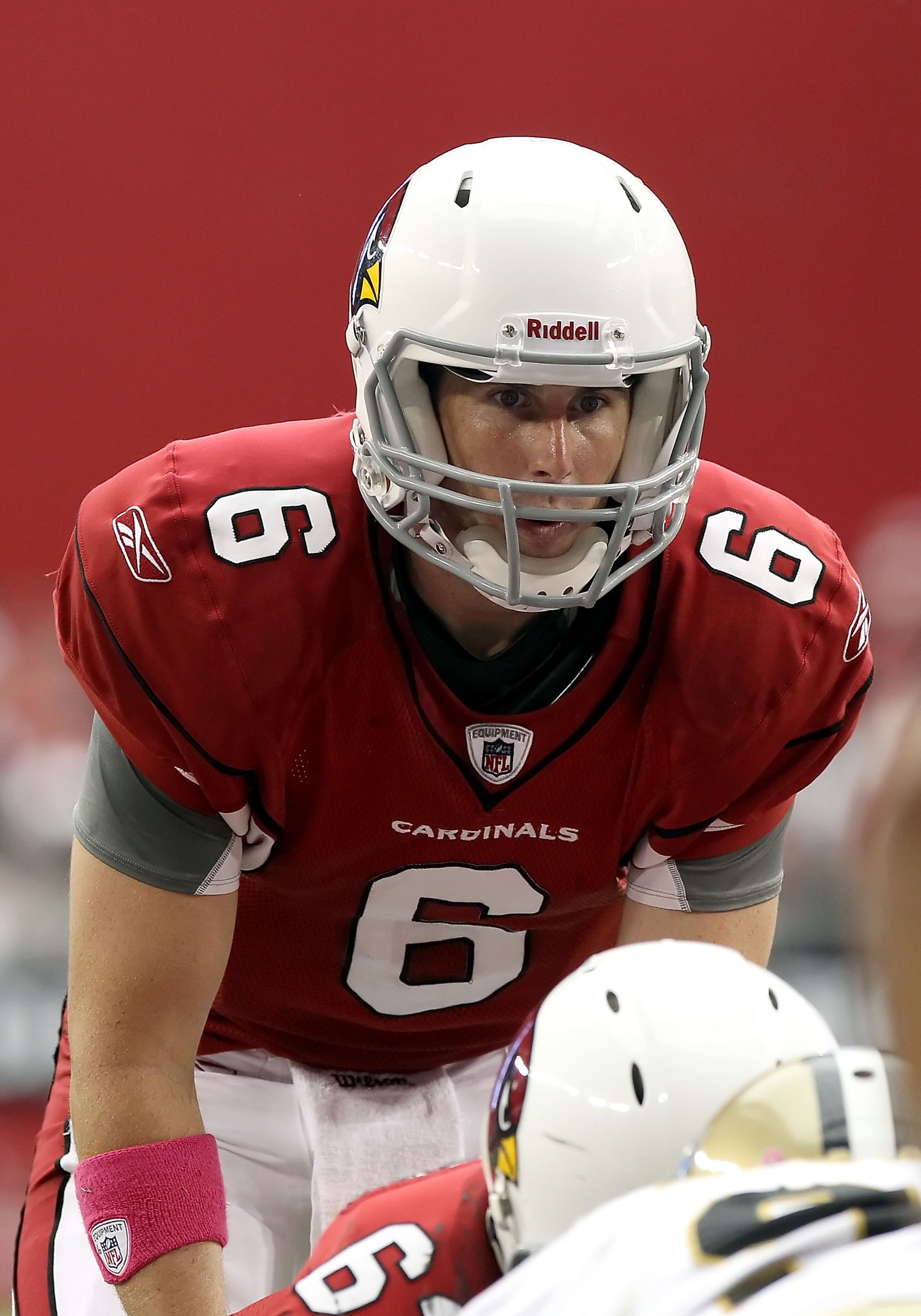 GLENDALE, AZ - OCTOBER 10:  Quarterback Max Hall #6 of the Arizona Cardinals prepares to snap the ball during the NFL game against the New Orleans Saints at the University of Phoenix Stadium on October 10, 2010 in Glendale, Arizona. The Cardinals defeated