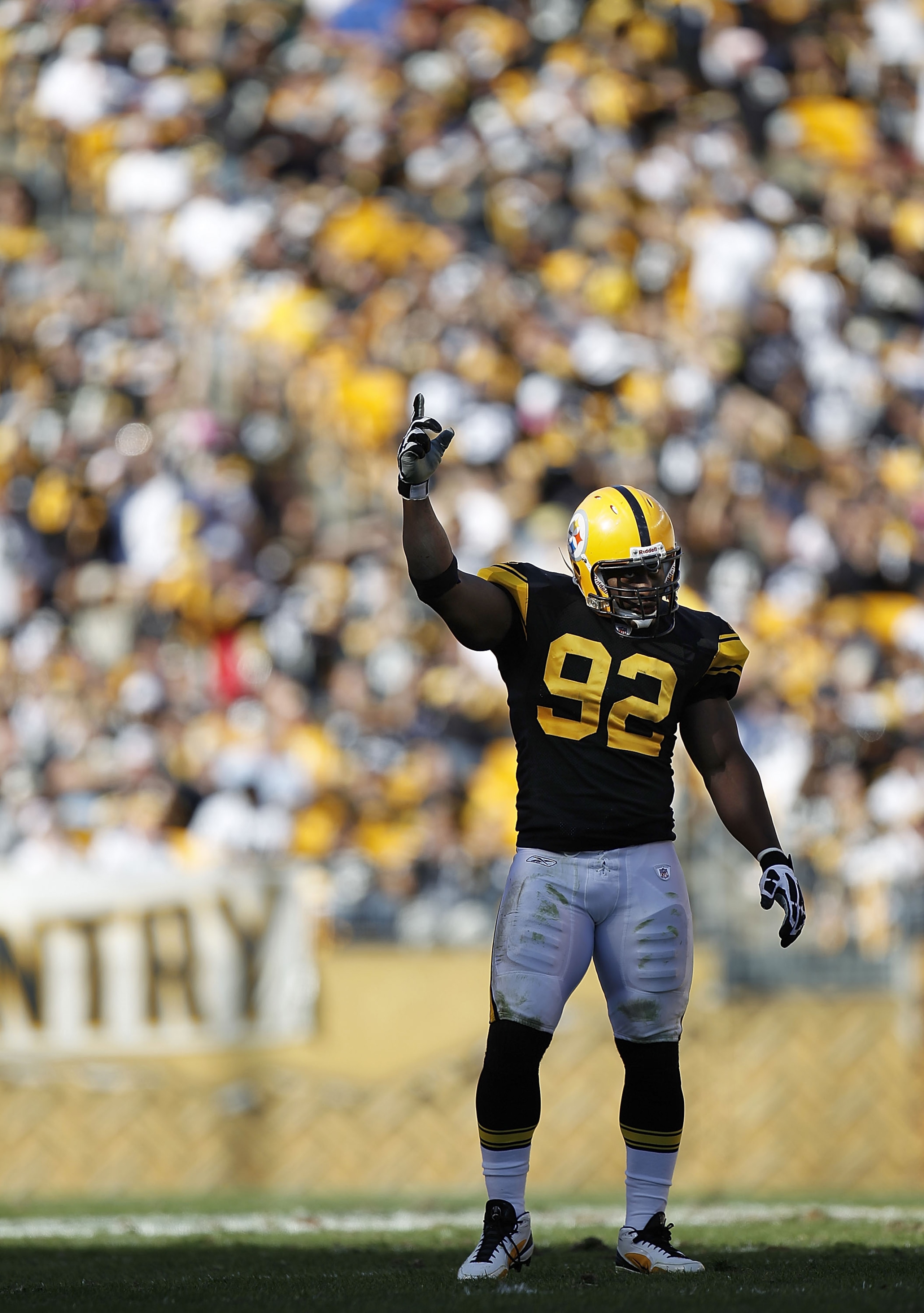 PITTSBURGH - OCTOBER 17: James Harrison #92 of the Pittsburgh Steelers encourages the fans to make noise while playing the Cleveland Browns on October 17, 2010 at Heinz Field in Pittsburgh, Pennsylvania. Pittsburgh won the game 28-10. (Photo by Gregory PITTSBURGH - OCTOBER 17: James Harrison #92 of the Pittsburgh Steelers encourages the fans to make noise while playing the Cleveland Browns on October 17, 2010 at Heinz Field in Pittsburgh, Pennsylvania. Pittsburgh won the game 28-10. (Photo by Gregory