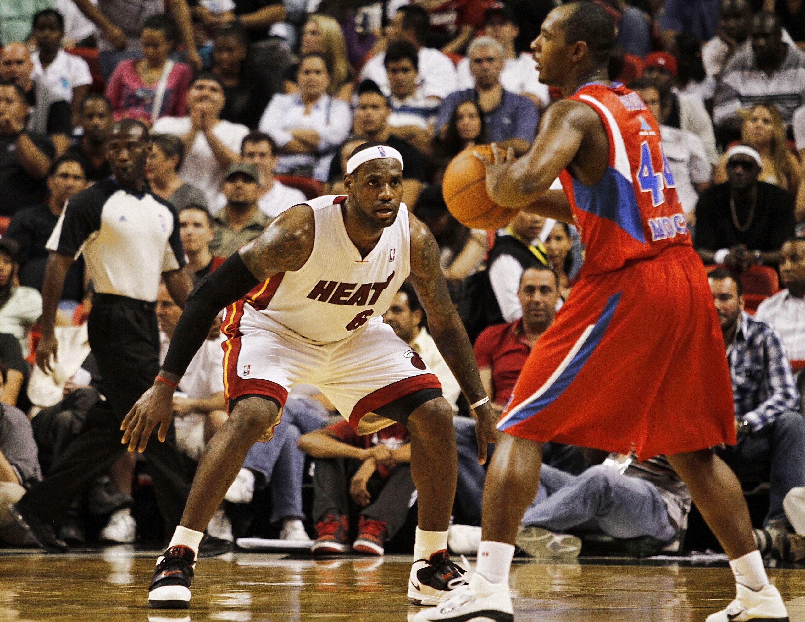 MIAMI - OCTOBER 12:  Forward LeBron James #6 of the Miami Heat defends Guard Jamont Gordon #44 of CSKA Moscow on October 12, 2010 in Miami, Florida.  Miami heat won 96-85 over CSKA Moscow.  NOTE TO USER: User expressly acknowledges and agrees that, by dow