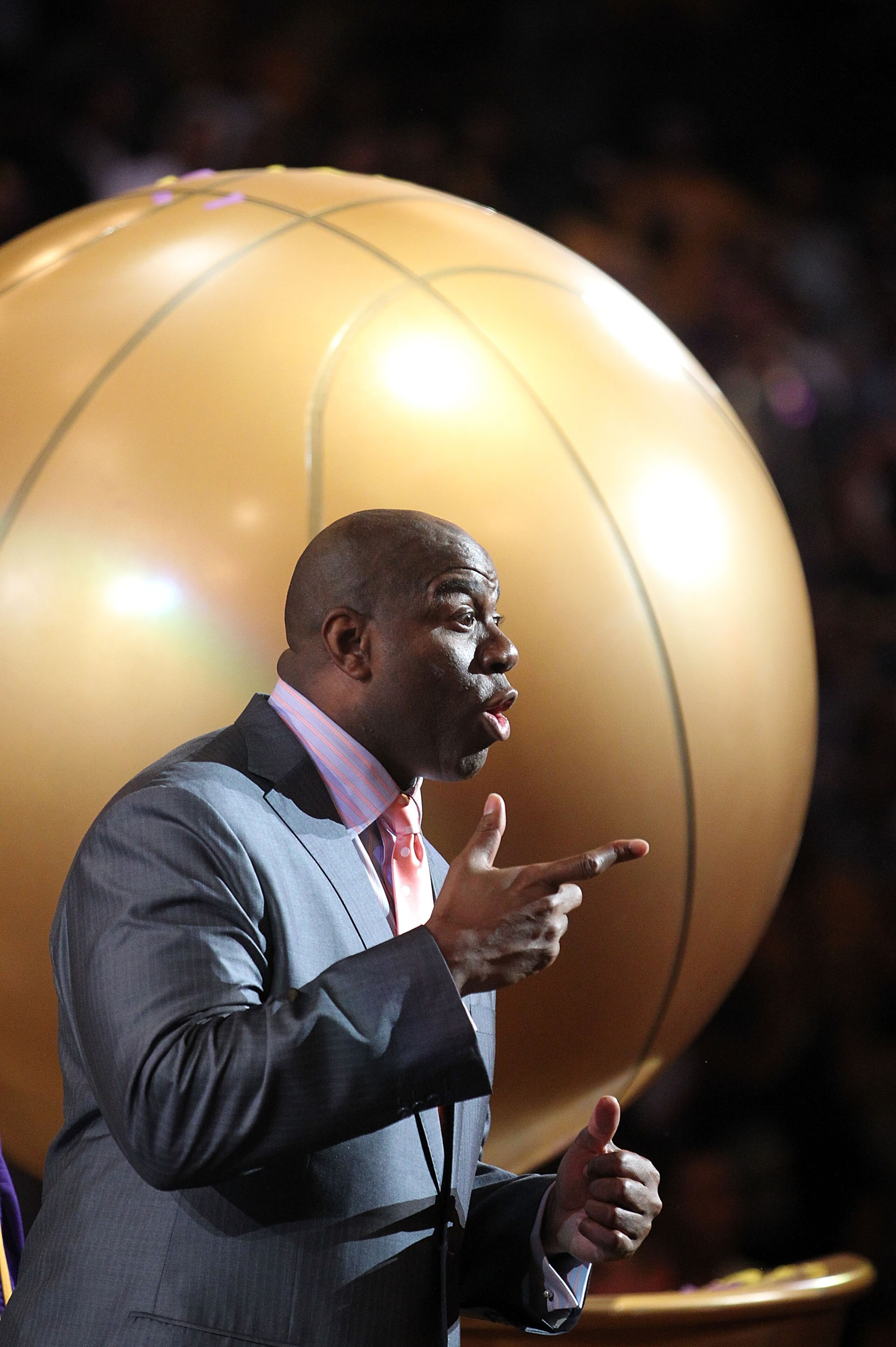 LOS ANGELES, CA - JUNE 17: Earvin 'Magic' Johnson speaks from the stage after the Lakers defeated the Boston Celtics in Game Seven of the 2010 NBA Finals at Staples Center on June 17, 2010 in Los Angeles, California. NOTE TO USER: User expressly acknowl LOS ANGELES, CA - JUNE 17: Earvin 'Magic' Johnson speaks from the stage after the Lakers defeated the Boston Celtics in Game Seven of the 2010 NBA Finals at Staples Center on June 17, 2010 in Los Angeles, California. NOTE TO USER: User expressly acknowl