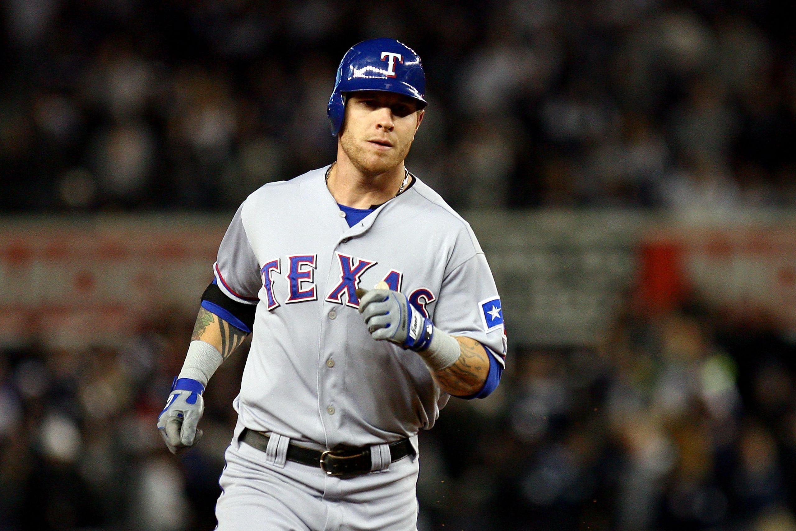 NEW YORK - OCTOBER 19:  Josh Hamilton #32 of the Texas Rangers rounds third base on his solo home run in the top of the seventh inning against the New York Yankees in Game Four of the ALCS during the 2010 MLB Playoffs at Yankee Stadium on October 19, 2010