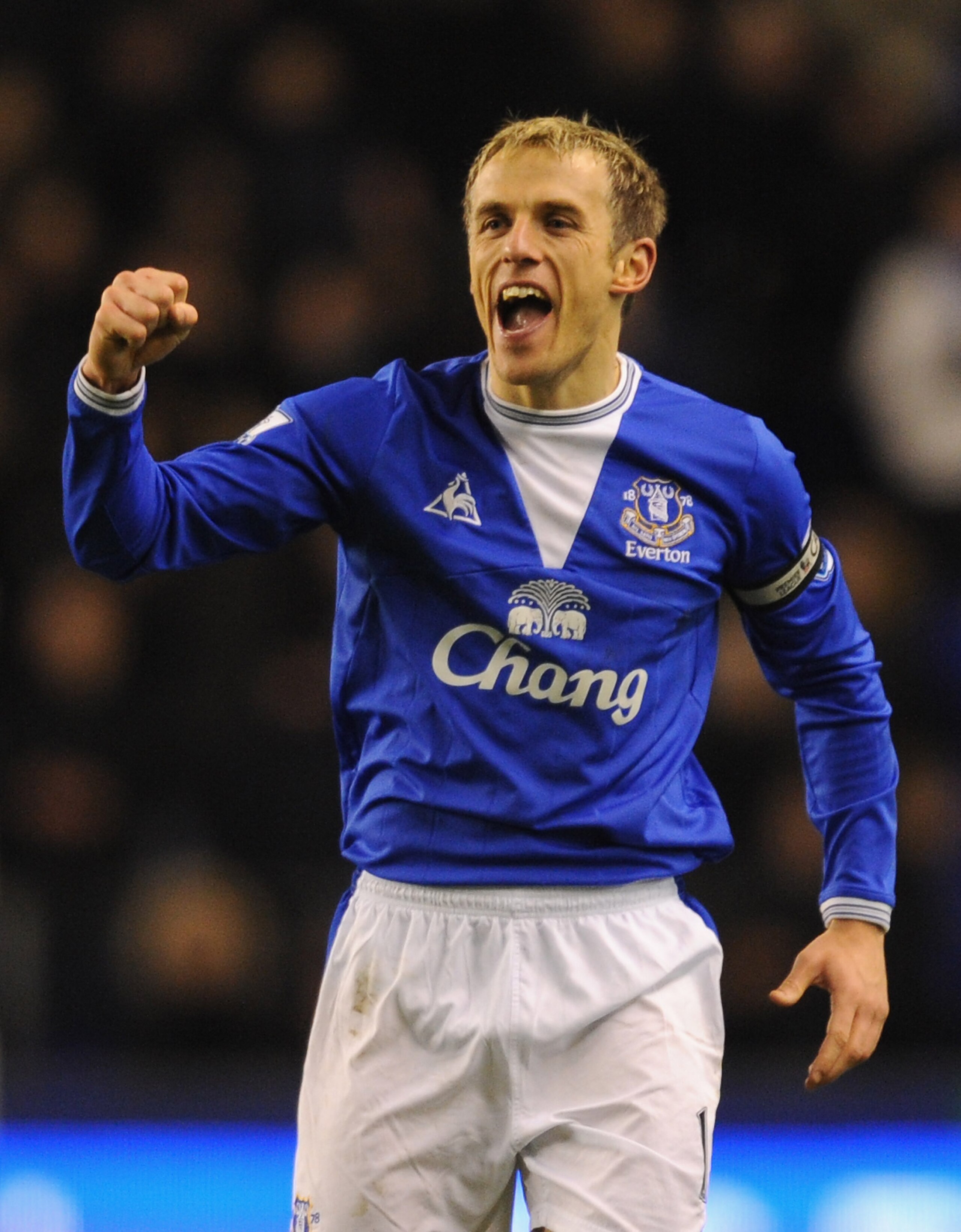 LIVERPOOL, ENGLAND - FEBRUARY 10:  Phillip Neville of Everton celebrates at the end of the Barclays Premier League match between Everton and Chelsea at Goodison Park on February 10, 2010 in Liverpool, England.  (Photo by Michael Regan/Getty Images)