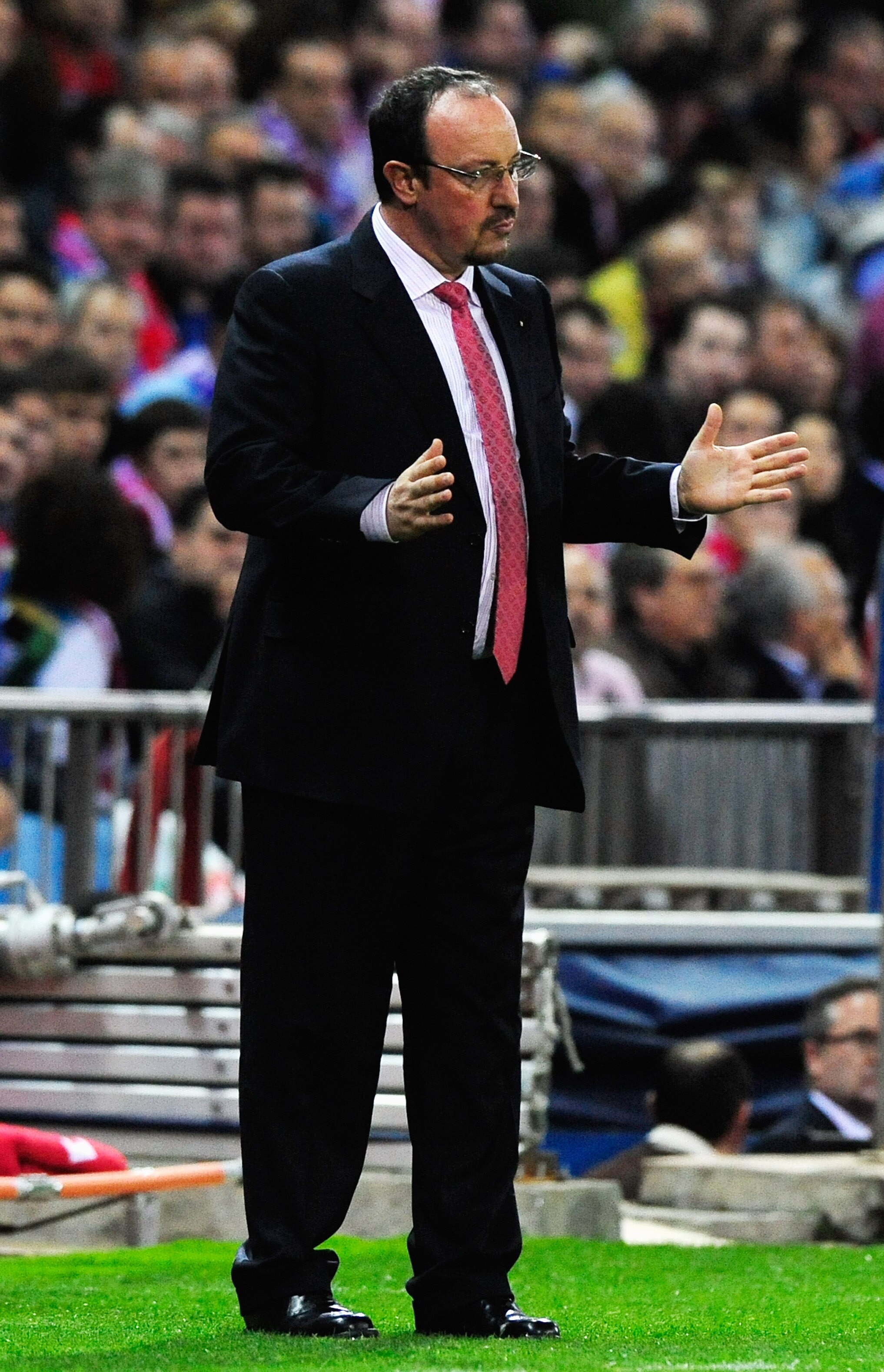 MADRID, SPAIN - APRIL 22:  Rafael Benitez manager of Liverpool gestures during the UEFA Europa League Semi Final first leg match between Atletico Madrid and Liverpool at the Vicente Calderon Stadium on April 22, 2010 in Madrid, Spain.  (Photo by Jamie McD