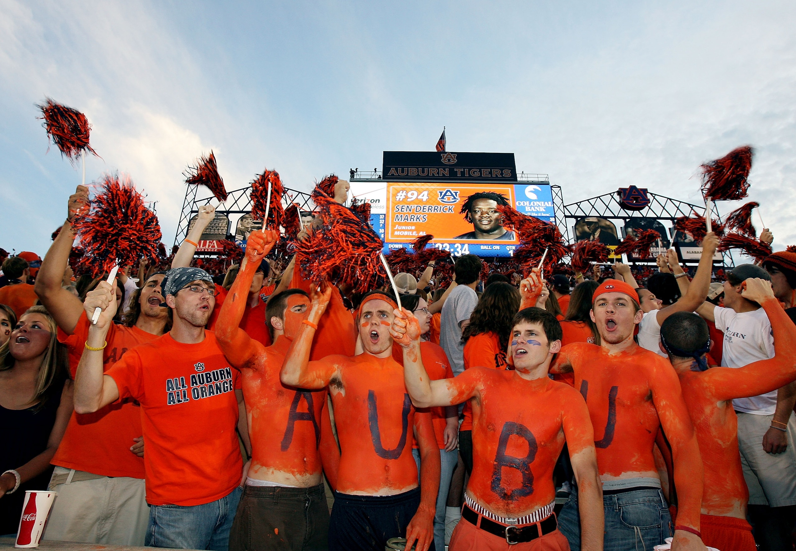 AUBURN, AL - SEPTEMBER 20: Auburn fans cheer as defensive lineman Sen'Derrick Marks #94 of the Auburn Tigers is announced prior to taking on the LSU Tigers missed a field goal at Jordan-Hare Stadium on September 20, 2008 in Auburn, Alabama. (Photo by Doug