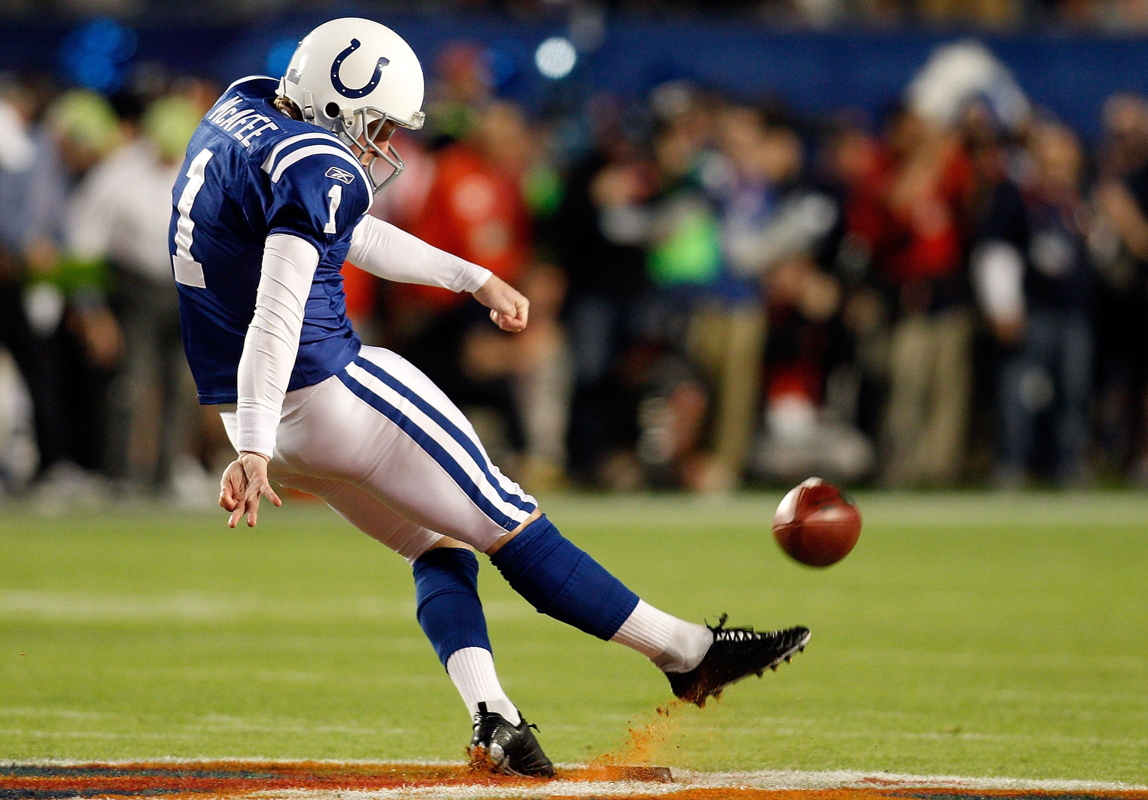 MIAMI GARDENS, FL - FEBRUARY 07:  Pat McAfee #1 of the Indianapolis Colts kicks the opening kick off against the New Orleans Saints during Super Bowl XLIV on February 7, 2010 at Sun Life Stadium in Miami Gardens, Florida.  (Photo by Chris Graythen/Getty I