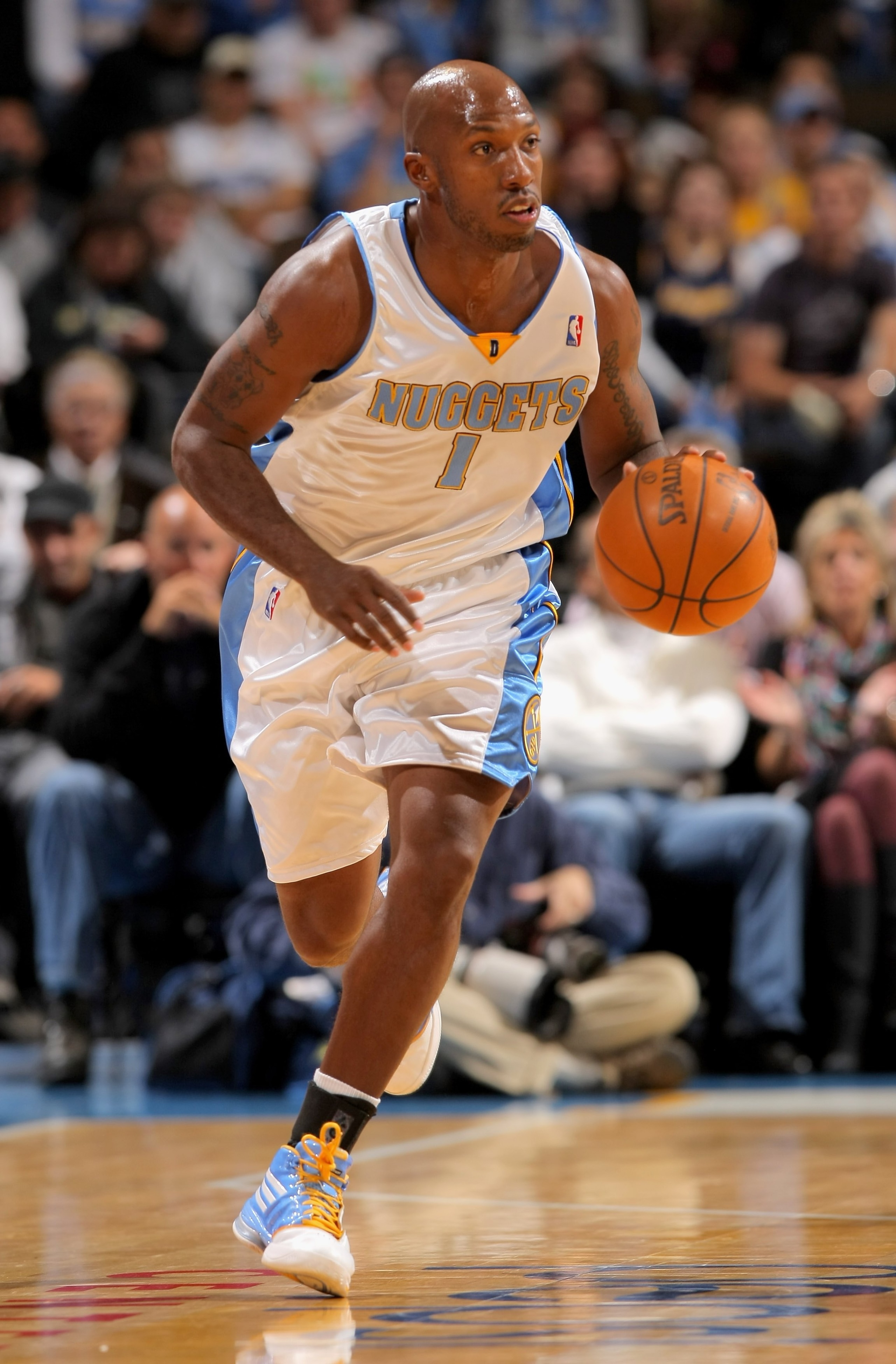 DENVER - OCTOBER 28:  Chauncey Billups #1 of the Denver Nuggets dribbles the ball upcourt against the Utah Jazz during NBA action at Pepsi Center on October 28, 2009 in Denver, Colorado. The Nuggets defeated the Jazz 114-105.  (Photo by Doug Pensinger/Get