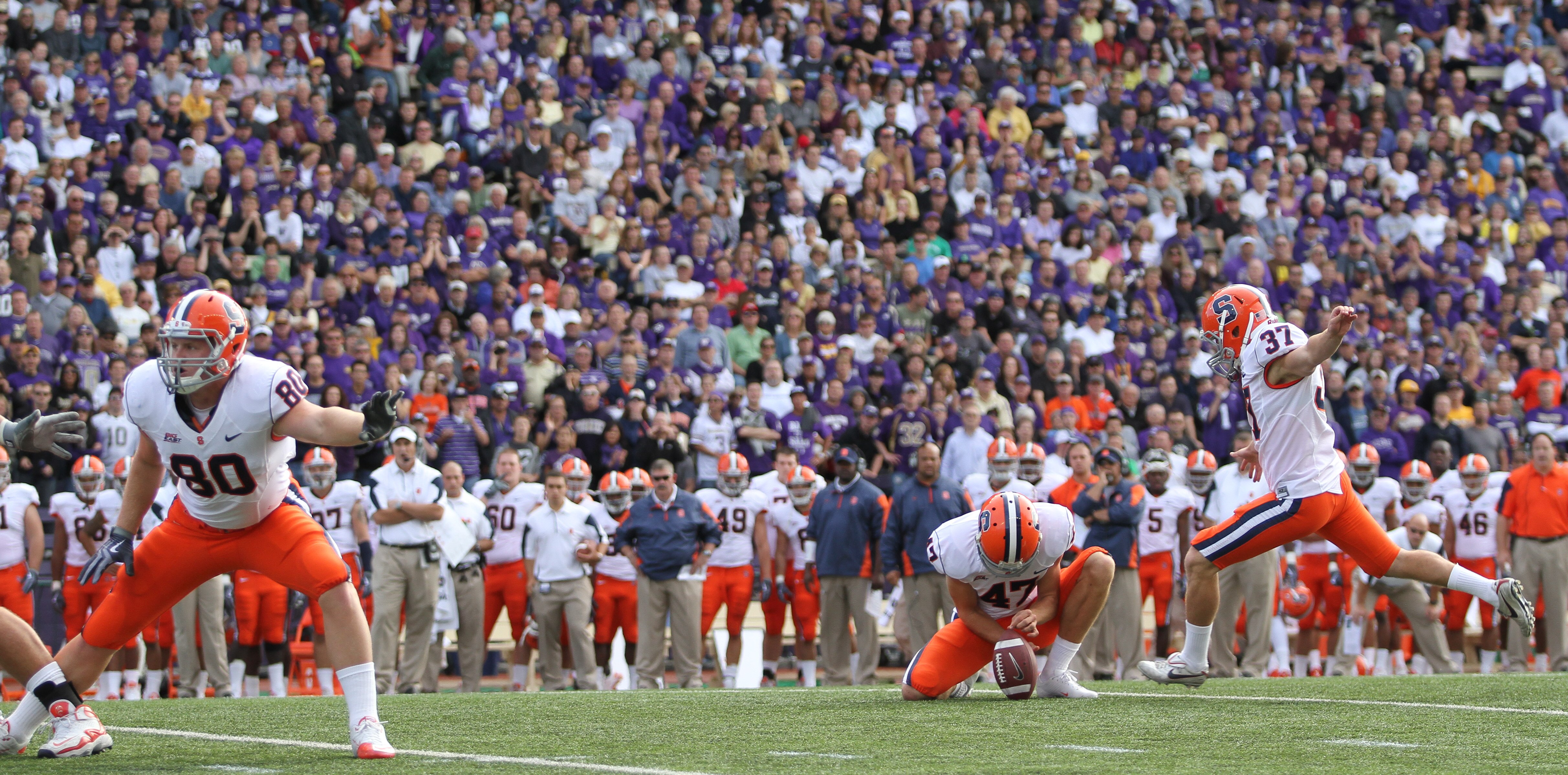 SEATTLE - SEPTEMBER 11:  Kicker Ross Krautman #37 of the Syracuse Orange kicks a field goal against the Washington Huskies on September 11, 2010 at Husky Stadium in Seattle, Washington. (Photo by Otto Greule Jr/Getty Images)