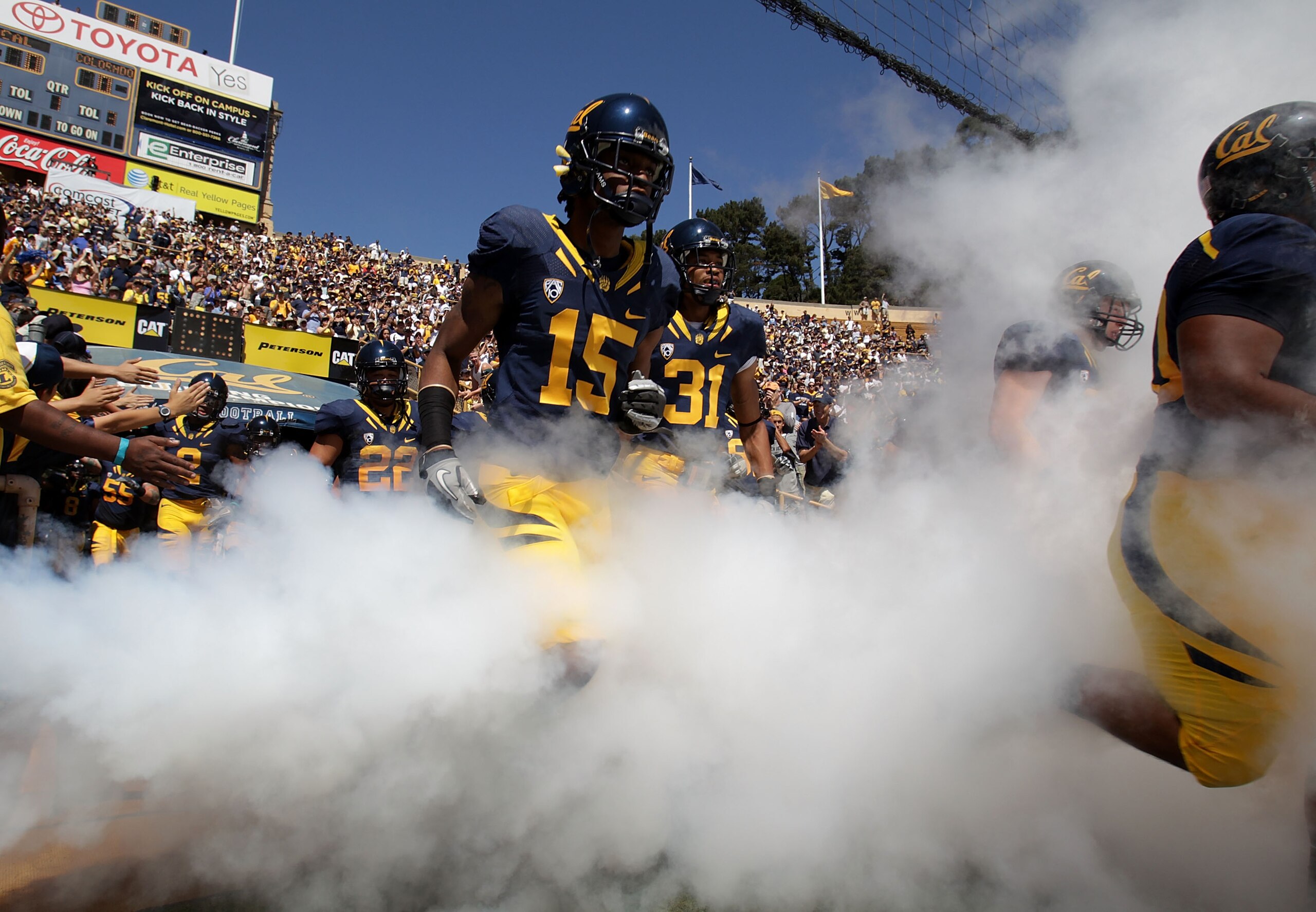 BERKELEY, CA - SEPTEMBER 11: Bryant Nnabuife #15 of the California Golden Bears enters the field against the Colorado Buffaloes at California Memorial Stadium on September 11, 2010 in Berkeley, California. (Photo by Jed Jacobsohn/Getty Images)