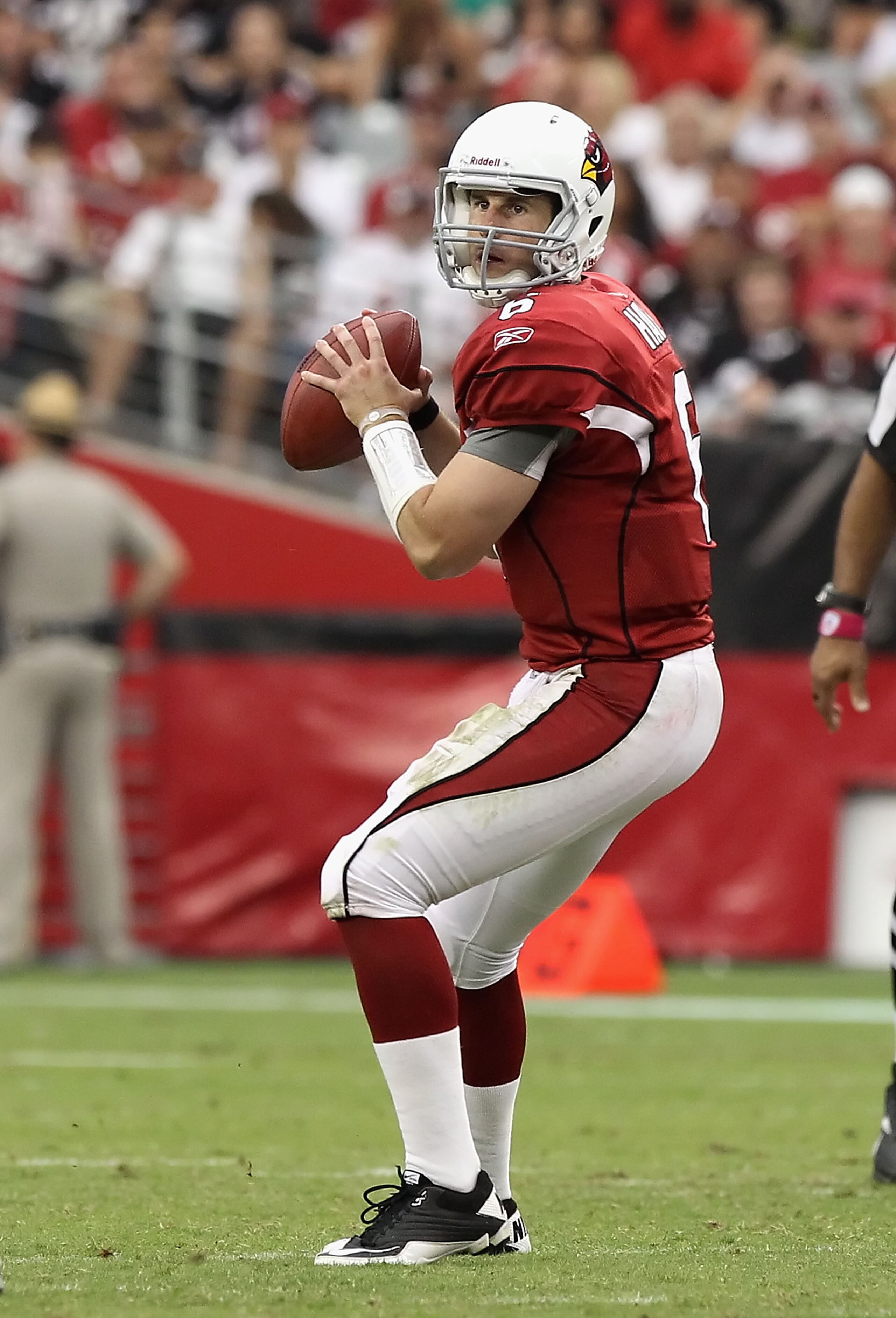 GLENDALE, AZ - OCTOBER 10: Quarterback Max Hall #6 of the Arizona Cardinals drops back to pass during the NFL game against the New Orleans Saints at the University of Phoenix Stadium on October 10, 2010 in Glendale, Arizona. The Cardinals defeated the Sa GLENDALE, AZ - OCTOBER 10: Quarterback Max Hall #6 of the Arizona Cardinals drops back to pass during the NFL game against the New Orleans Saints at the University of Phoenix Stadium on October 10, 2010 in Glendale, Arizona. The Cardinals defeated the Sa