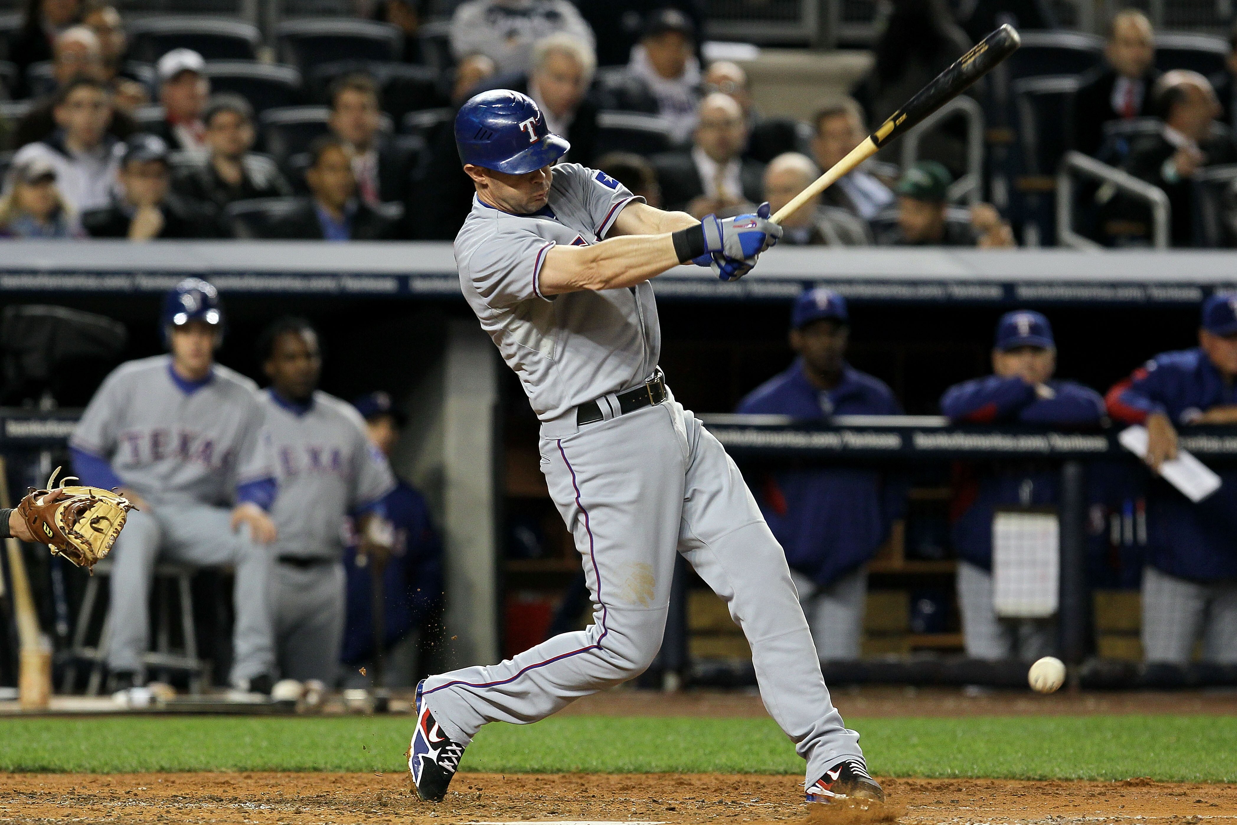 NEW YORK - OCTOBER 19:  Michael Young #10 of the Texas Rangers hits a RBI infield single in the top of the third inning against the New York Yankees in Game Four of the ALCS during the 2010 MLB Playoffs at Yankee Stadium on October 19, 2010 in the Bronx b