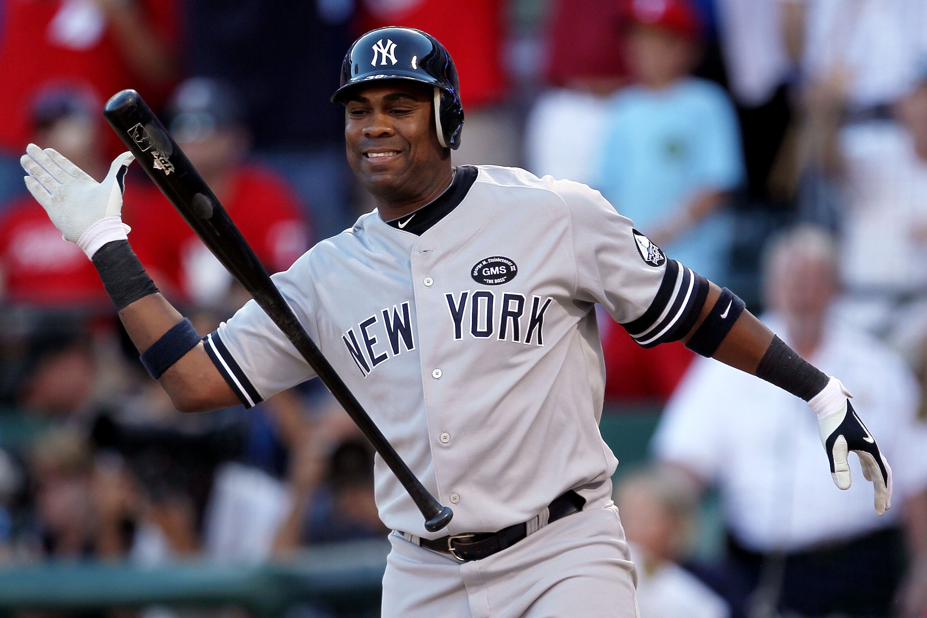 ARLINGTON, TX - OCTOBER 16:  Marcus Thames #38 of the New York Yankees reacts after striking out in the sixth inning against the Texas Rangers in Game Two of the ALCS during the 2010 MLB Playoffs at Rangers Ballpark in Arlington on October 16, 2010 in Arl