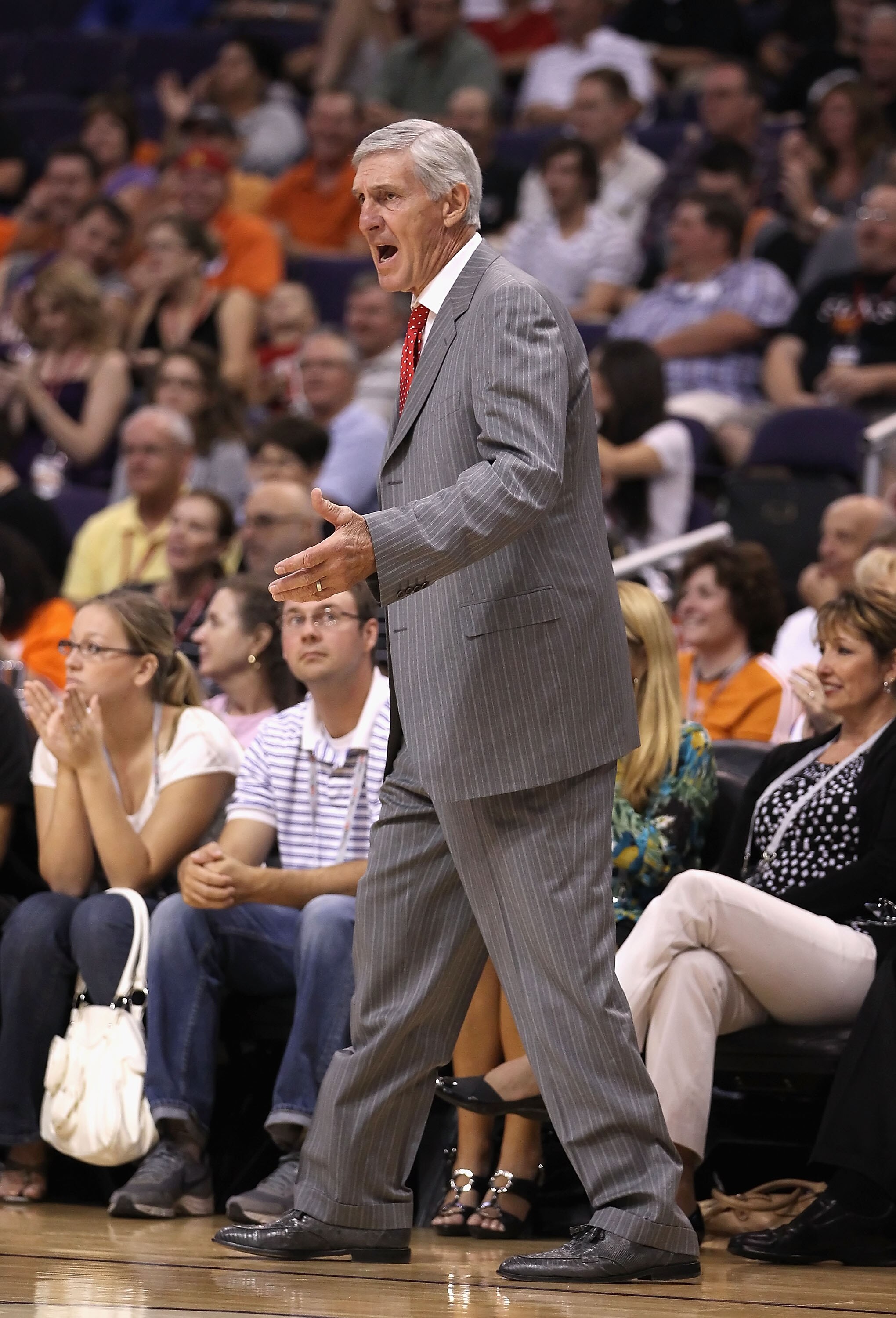 PHOENIX - OCTOBER 12:  Head coach Jerry Sloan of the Utah Jazz talks during the preseason NBA game against the Phoenix Suns at US Airways Center on October 12, 2010 in Phoenix, Arizona. NOTE TO USER: User expressly acknowledges and agrees that, by downloa