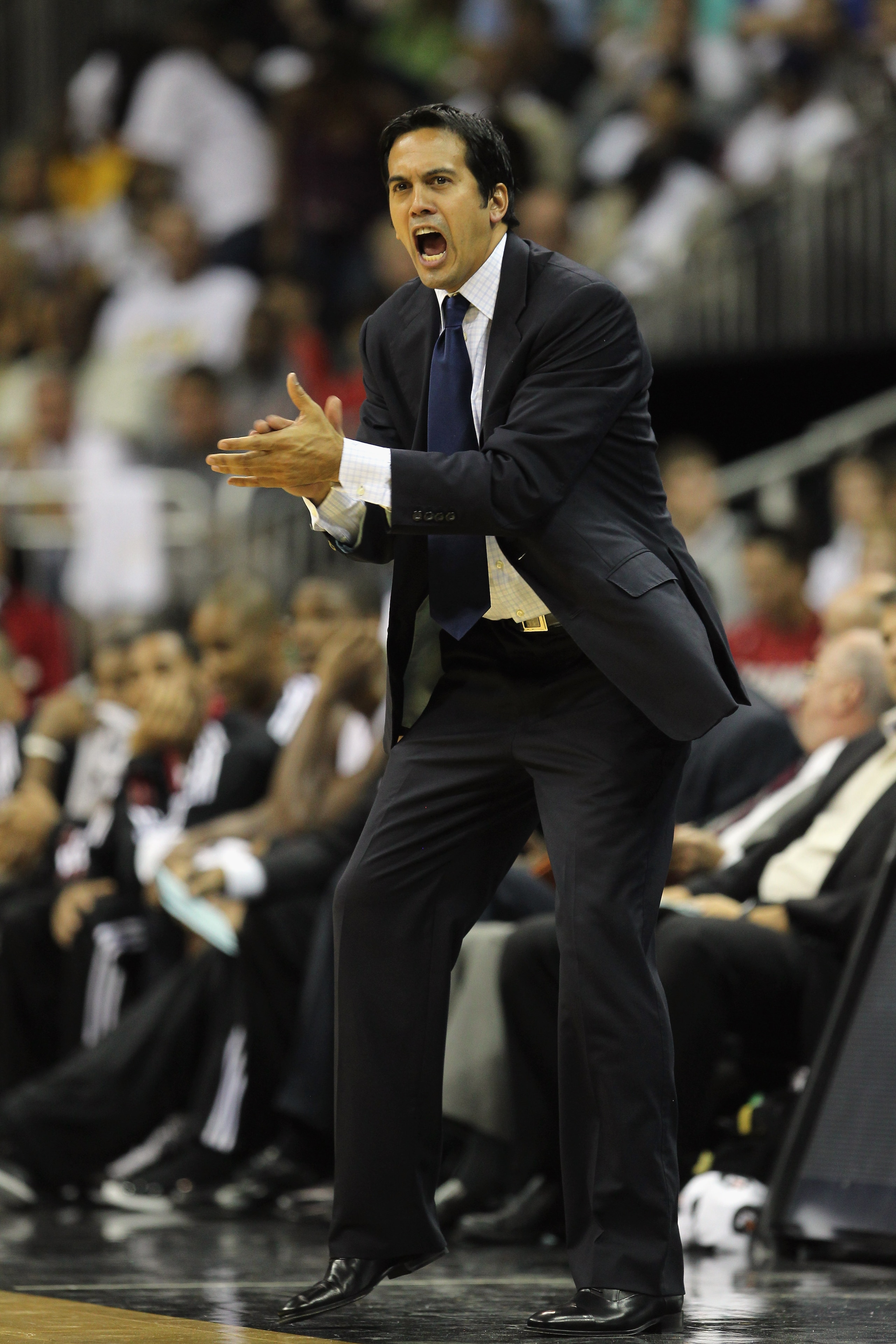KANSAS CITY, MO - OCTOBER 08:  Head coach Erik Spoelstra of the Miami Heat in reacts during the game against the Oklahoma City Thunder on October 8, 2010 at the Sprint Center in Kansas City, Missouri.  (Photo by Jamie Squire/Getty Images)