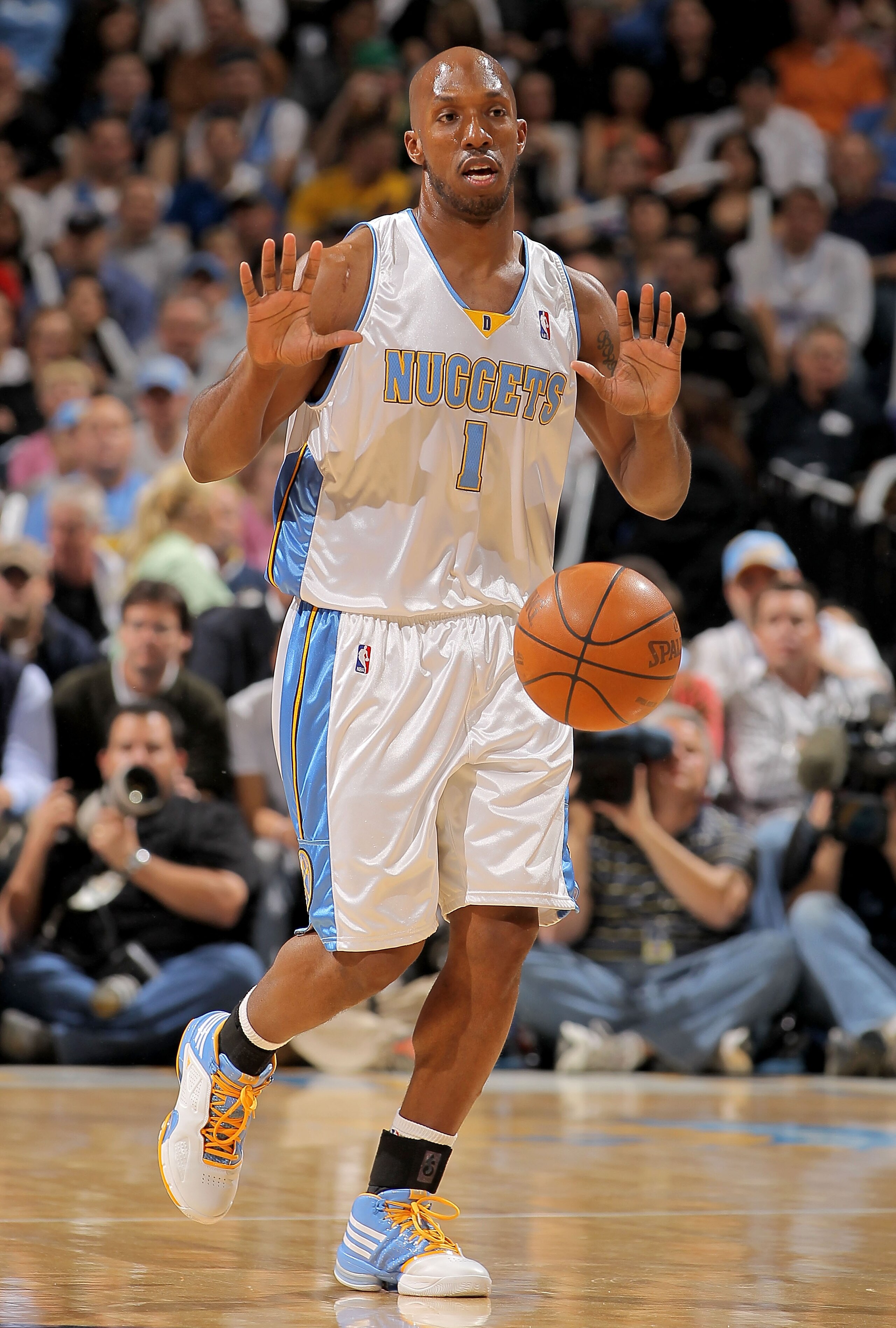 DENVER - APRIL 28:  Chauncey Billups #1 of the Denver Nuggets brings the ball up court against the Utah Jazz in Game Five of the Western Conference Quarterfinals of the 2010 NBA Playoffs at the Pepsi Center on April 28, 2010 in Denver, Colorado. The Nugge