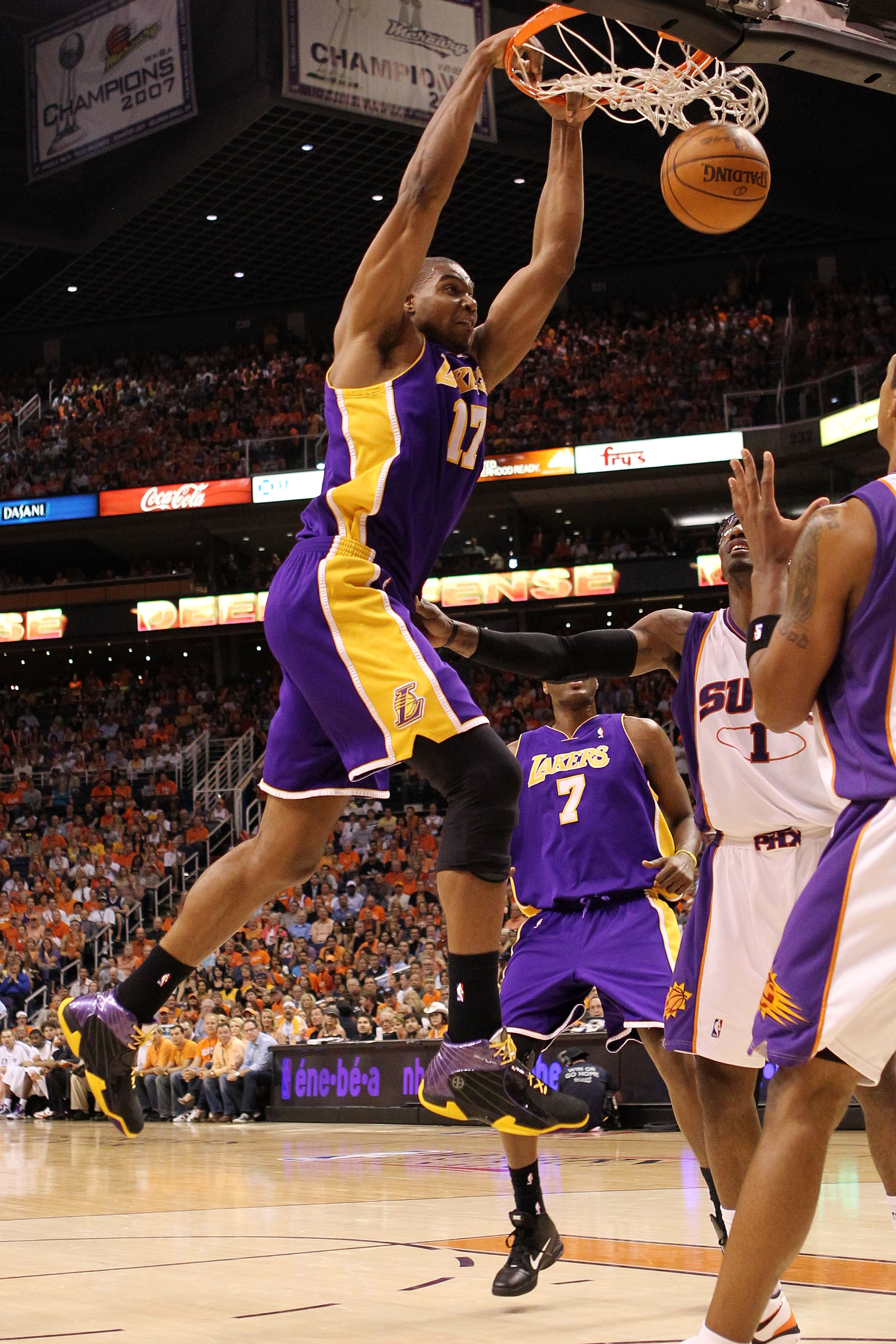 PHOENIX - MAY 25:  Andrew Bynum #17 of the Los Angeles Lakers dunks the ball against the Phoenix Suns in the first quarter of Game Four of the Western Conference Finals during the 2010 NBA Playoffs at US Airways Center on May 25, 2010 in Phoenix, Arizona.