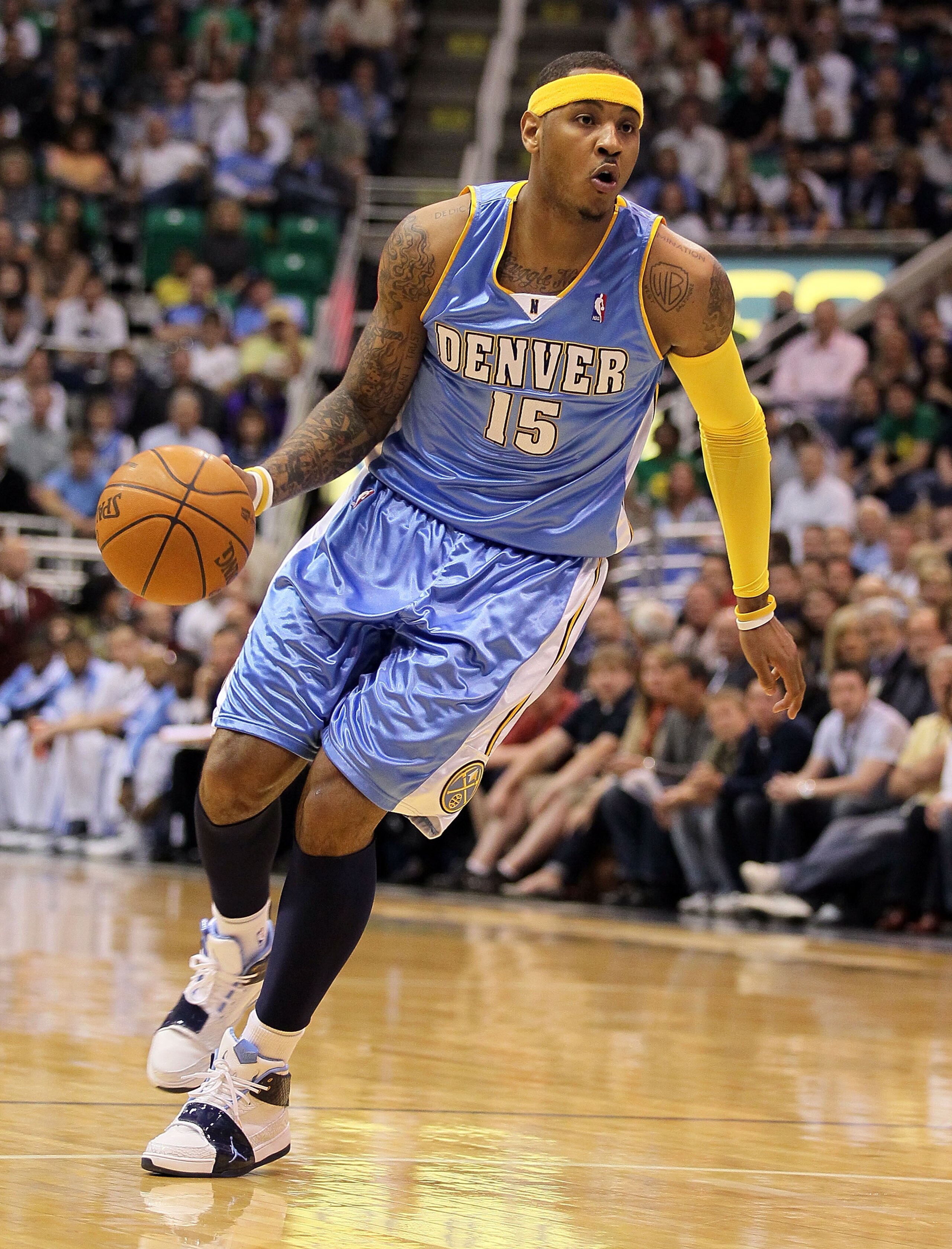 SALT LAKE CITY - APRIL 25:  Carmelo Anthony #15 of the Denver Nuggets dribbles the ball against the Utah Jazz during  Game Four of the Western Conference Quarterfinals of the 2010 NBA Playoffs at EnergySolutions Arena on April 25, 2010 in Salt Lake City,