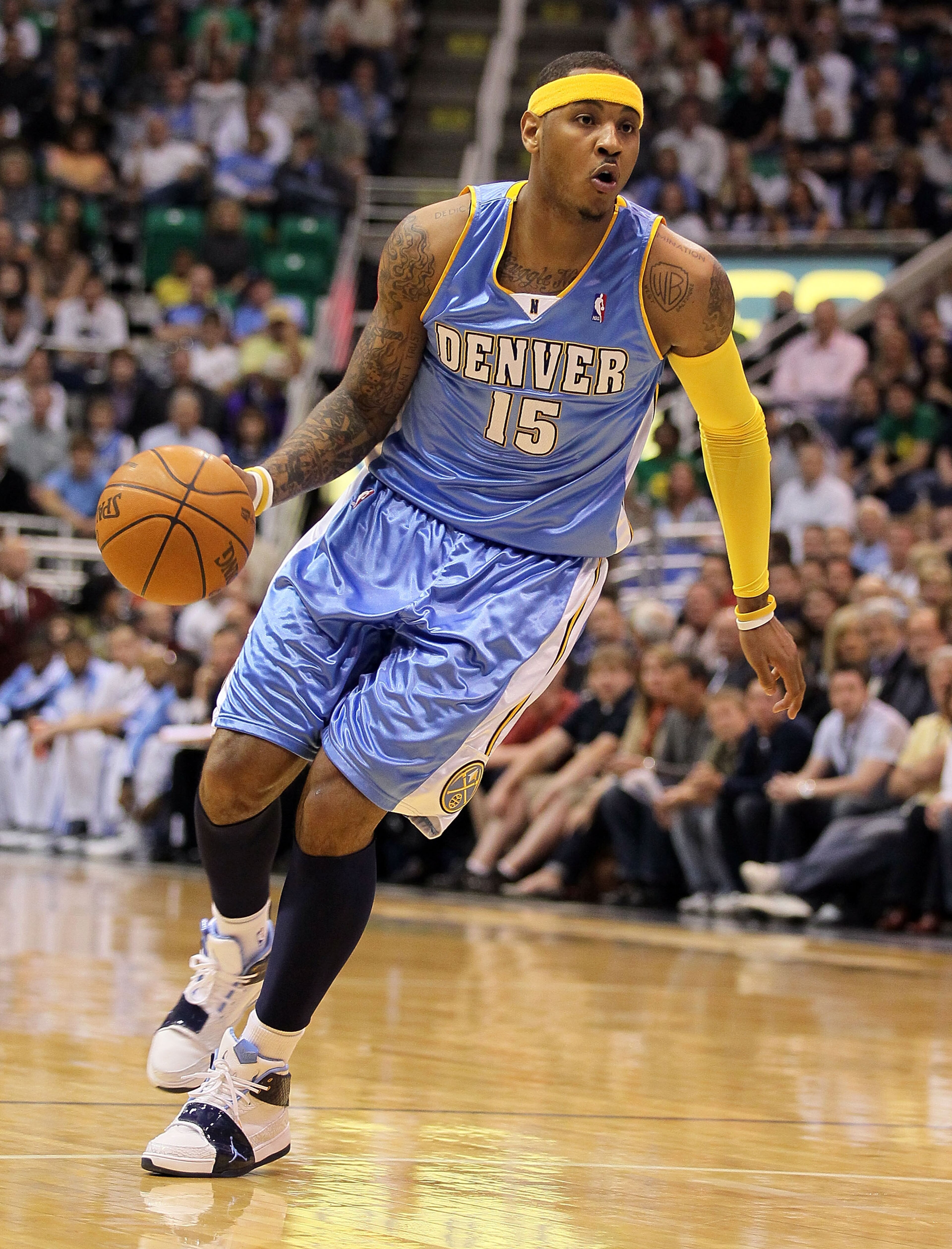 SALT LAKE CITY - APRIL 25:  Carmelo Anthony #15 of the Denver Nuggets dribbles the ball against the Utah Jazz during  Game Four of the Western Conference Quarterfinals of the 2010 NBA Playoffs at EnergySolutions Arena on April 25, 2010 in Salt Lake City,