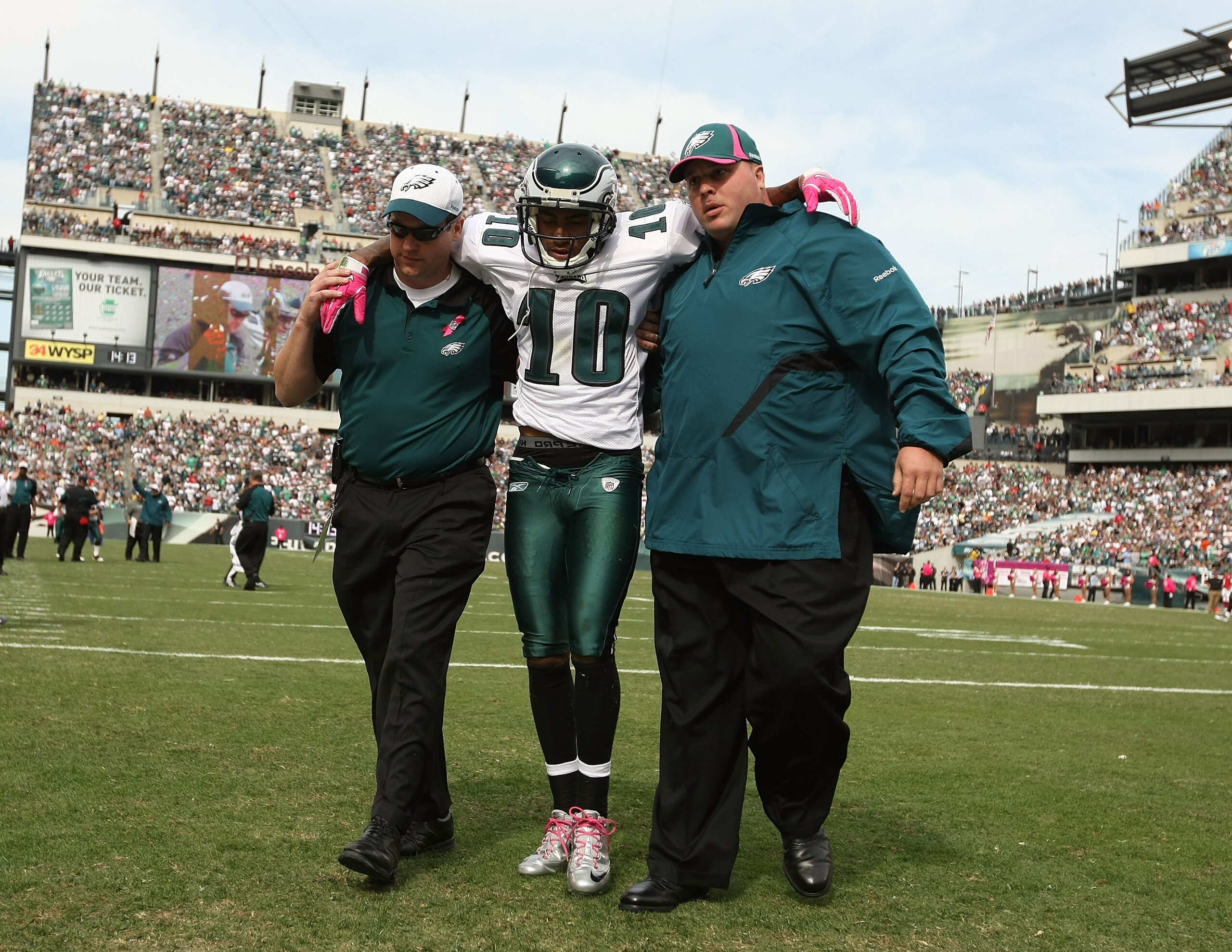 PHILADELPHIA - OCTOBER 17:  DeSean Jackson #10 of the Philadelphia Eagles is helped off the field after being  laid out by Dunta Robinson #23 of the Atlanta Falcons during their game at Lincoln Financial Field on October 17, 2010 in Philadelphia, Pennsylv