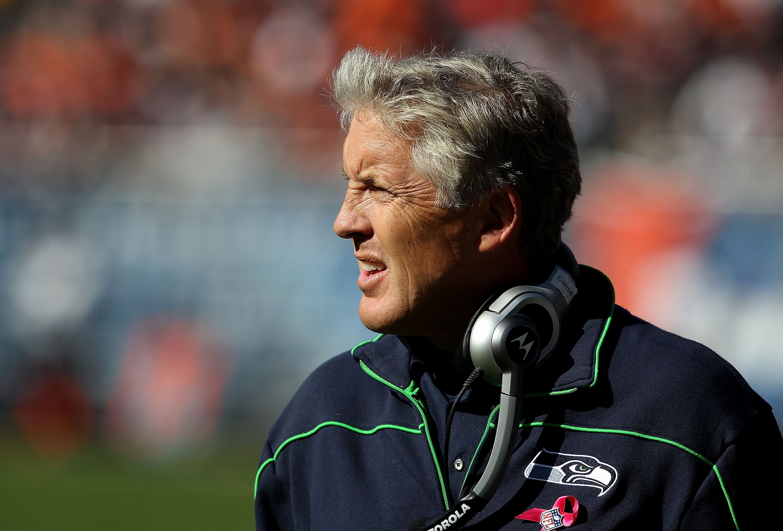 CHICAGO - OCTOBER 17: Head coach Pete Carroll of the Seattle Seahawks watches as his team takes on the Chicago Bears at Soldier Field on October 17, 2010 in Chicago, Illinois. The Seahawks defeated the Bears 23-20. (Photo by Jonathan Daniel/Getty Images)