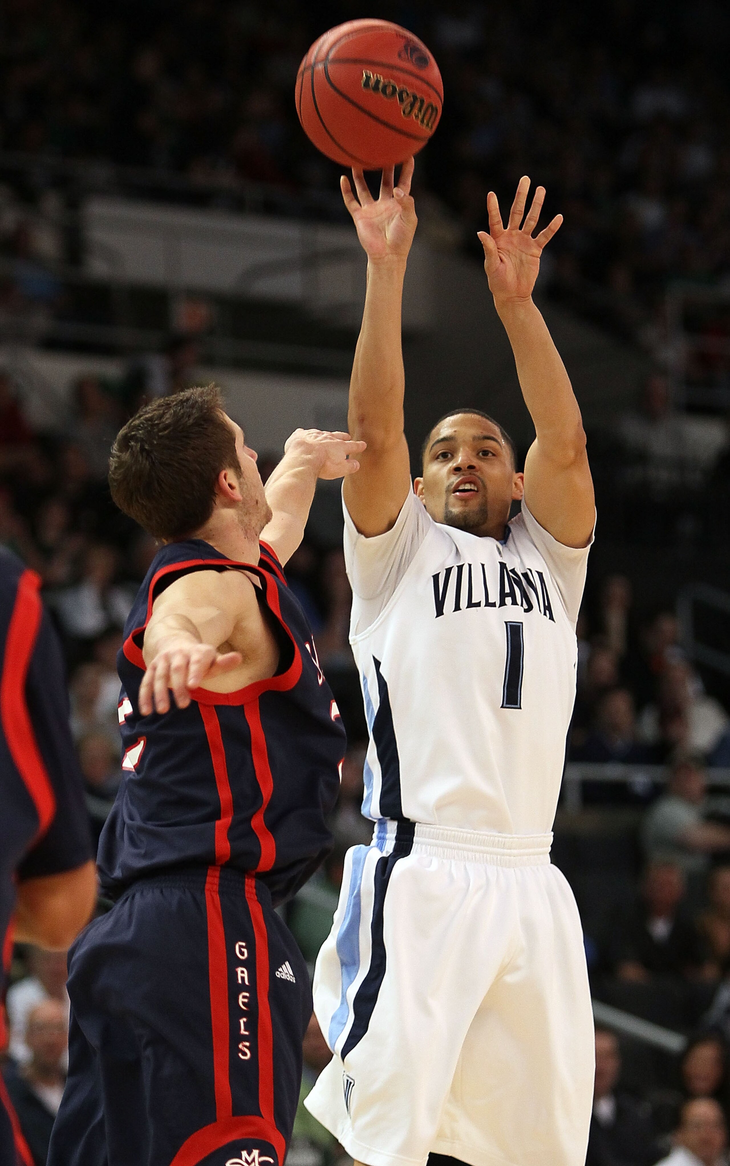 PROVIDENCE, RI - MARCH 20:  Scottie Reynolds #1  of the Villanova Wildcatstakes a shot as Mickey McConnell #32 of the Saint Mary's Gaels defends during the second round of the 2010 NCAA men's basketball tournament on March 20, 2010 at the Dunkin Donuts Ce