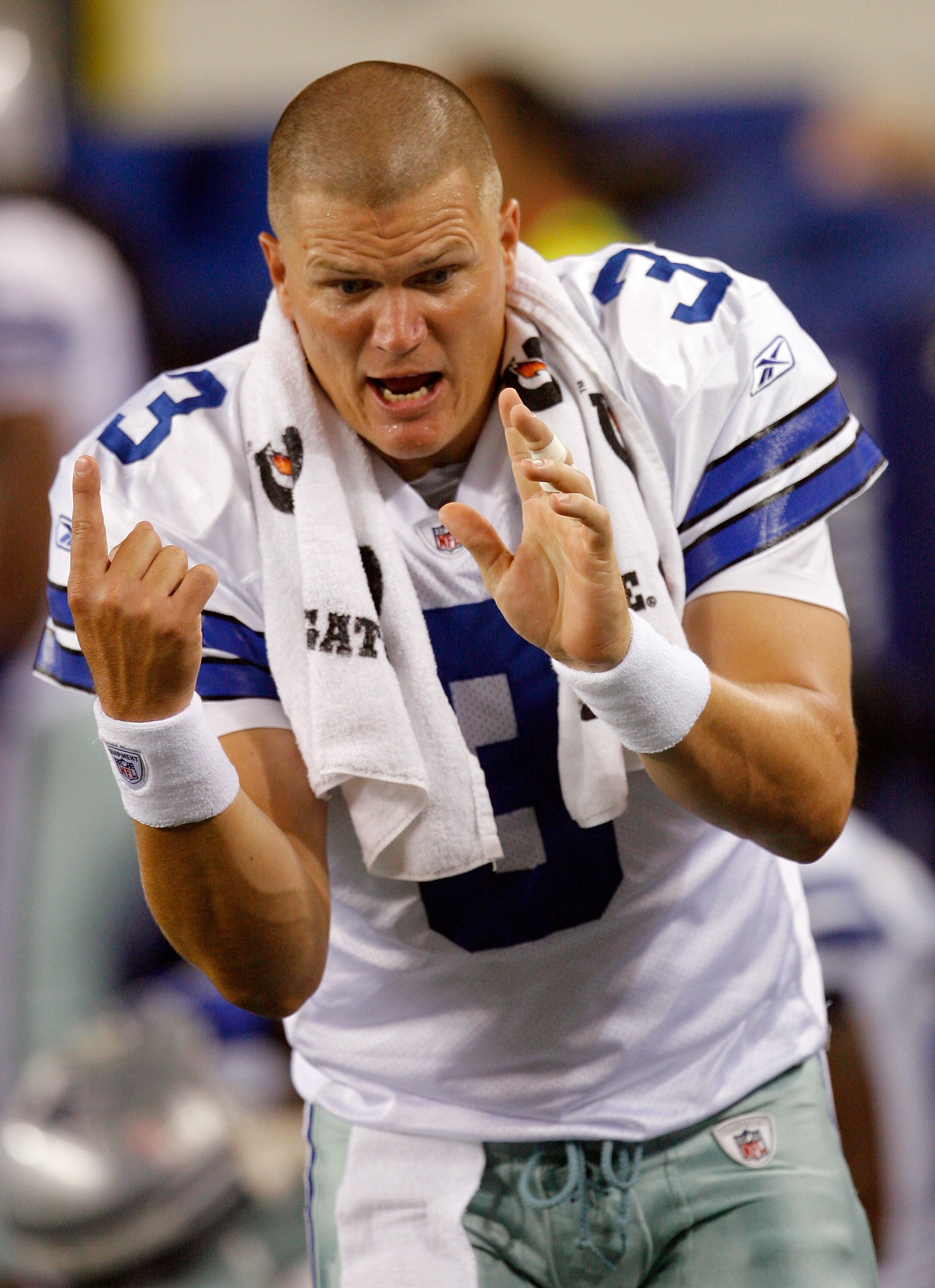 ARLINGTON, TX - AUGUST 12: Jon Kitna #3 of the Dallas Cowboys gestures on the sidelines after playing against the Oakland Raiders during the preseason game at the Dallas Cowboys Stadium on August 12, 2010 in Arlington, Texas. (Photo by Tom Pennington/Gett