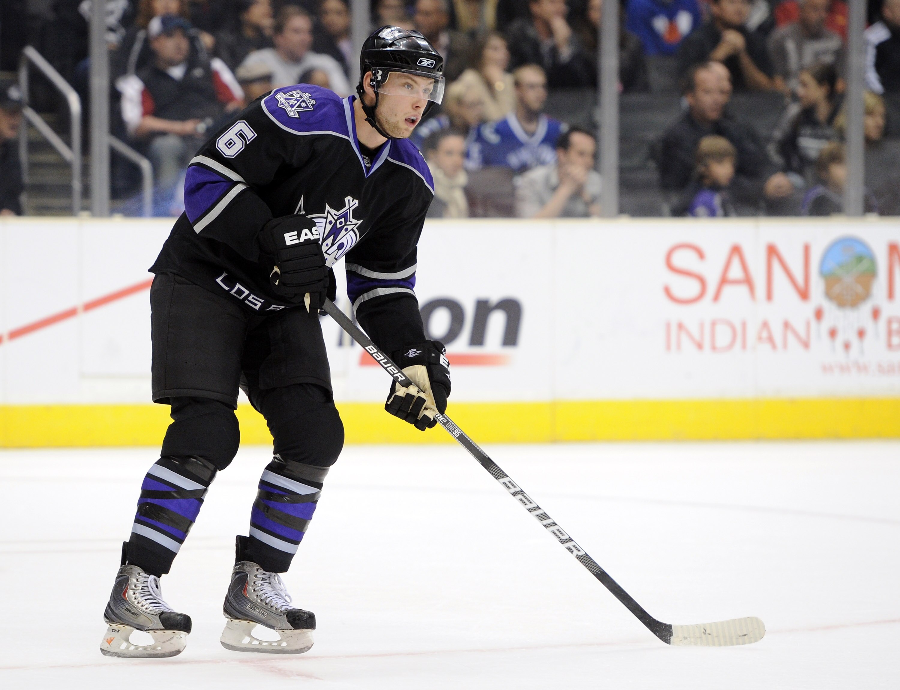 LOS ANGELES, CA - OCTOBER 15:  Jake Muzzin #6 of the Los Angeles Kings waits for a pass during the game against the Vancouver Canucks at the Staples Center on October 15, 2010 in Los Angeles, California.  (Photo by Harry How/Getty Images)