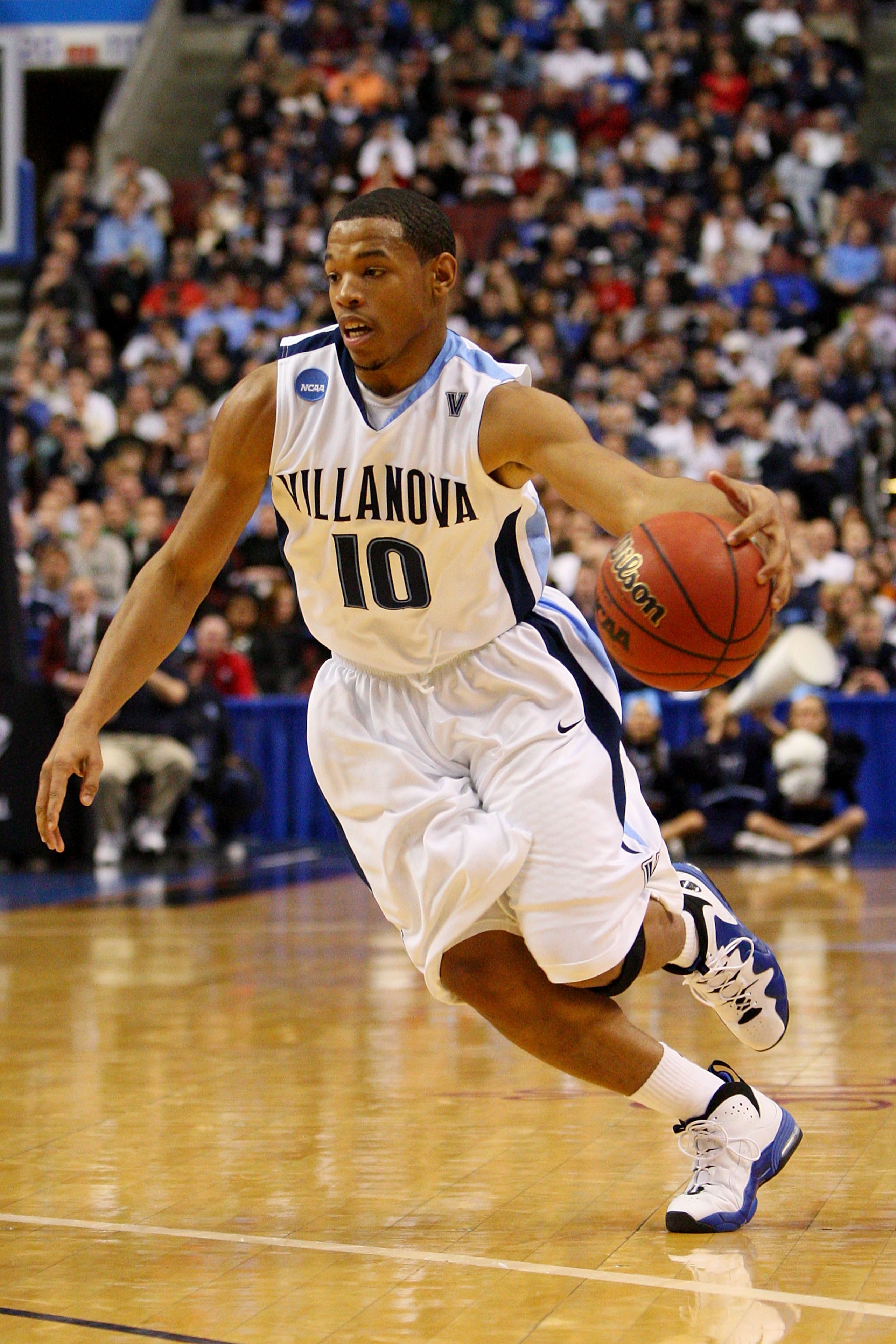 PHILADELPHIA - MARCH 21:  Corey Fisher #10 of the Villanova Wildcats drives against the UCLA Bruins during the second round of the NCAA Division I Men's Basketball Tournament at the Wachovia Center on March 21, 2009 in Philadelphia, Pennsylvania.  (Photo