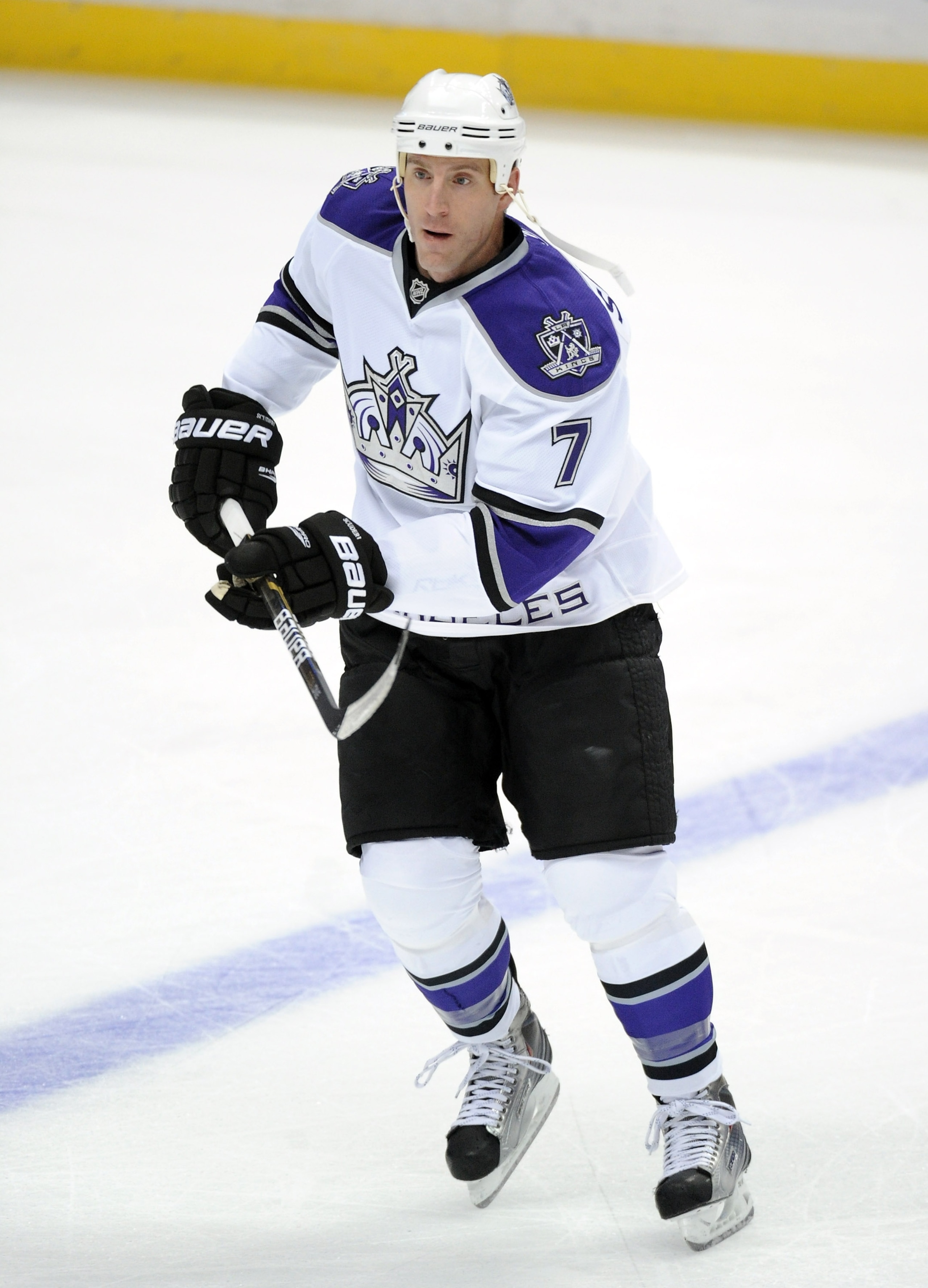 ANAHEIM, CA - OCTOBER 03:  Rob Scuderi #7 of the Los Angeles Kings warms up before the game against the Anaheim Ducks at Honda Center on October 3, 2010 in Anaheim, California.  (Photo by Harry How/Getty Images)