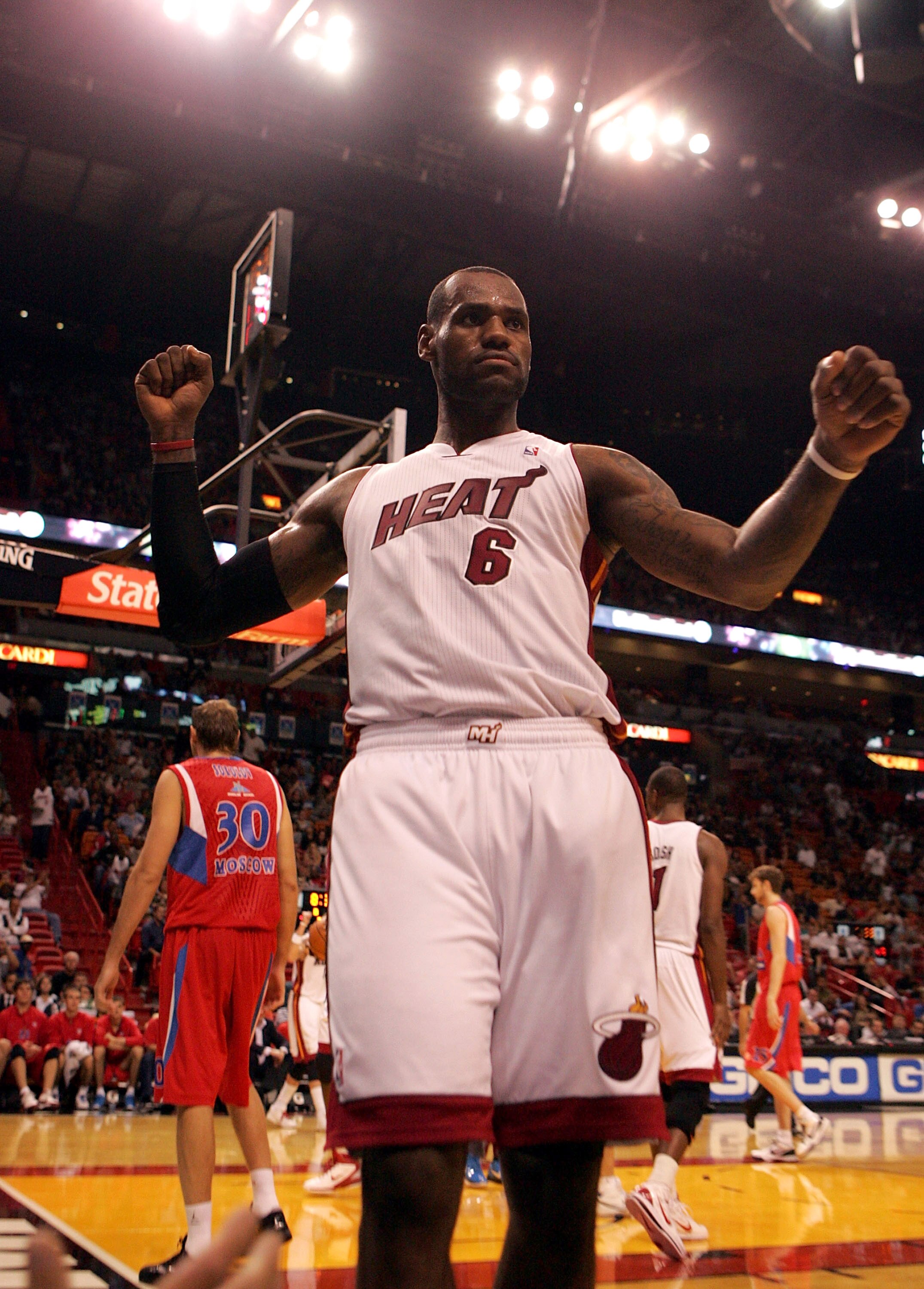 MIAMI - OCTOBER 12:  Forward LeBron James #6 of the Miami Heat celebrates against CSKA Moskow on October 12, 2010 in Miami, Florida.  NOTE TO USER: User expressly acknowledges and agrees that, by downloading and or using this photograph, User is consentin