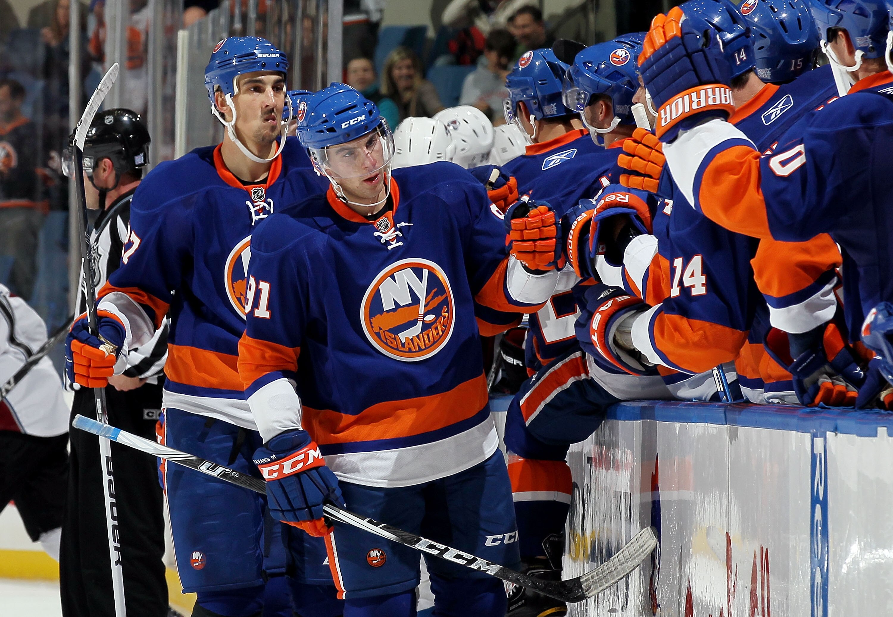 UNIONDALE, NY - OCTOBER 16:  John Tavares #91 of the New York Islanders celebrates his third period goal against the Colorado Avalanche on October 16, 2010 at Nassau Coliseum in Uniondale, New York. The Isles defeated the Avalanche 5-2.  (Photo by Jim McI