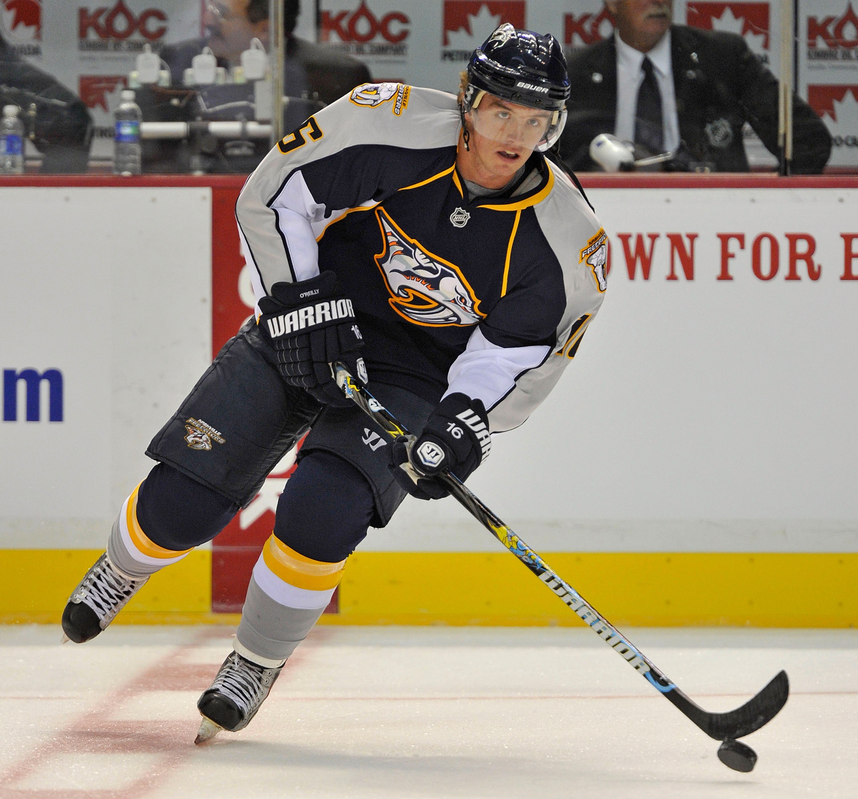 NASHVILLE, TN - SEPTEMBER 23:  Cal O'Reilly #16 of the Nashville Predators skates against the Carolina Hurricanes at Bridgestone Arena on September 23, 2010 in Nashville, Tennessee.  (Photo by Frederick Breedon/Getty Images)