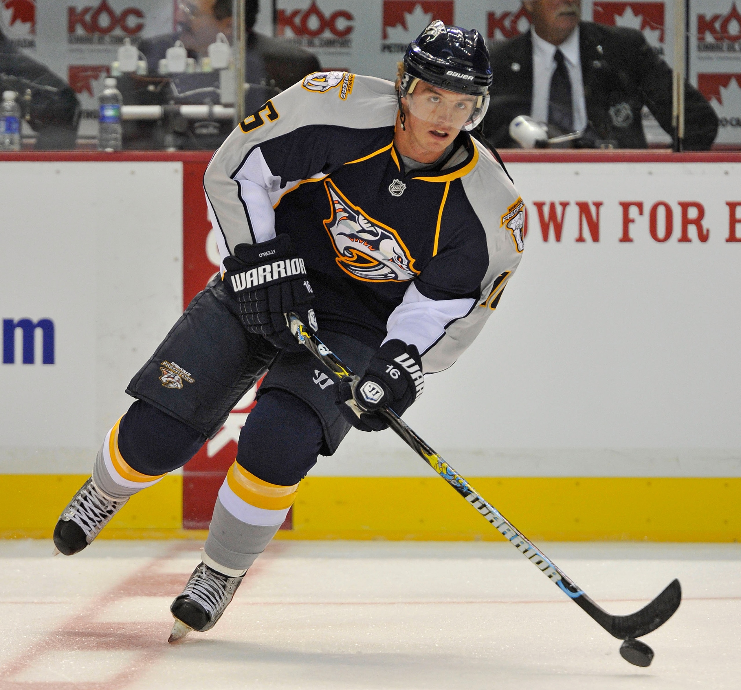 NASHVILLE, TN - SEPTEMBER 23:  Cal O'Reilly #16 of the Nashville Predators skates against the Carolina Hurricanes at Bridgestone Arena on September 23, 2010 in Nashville, Tennessee.  (Photo by Frederick Breedon/Getty Images)