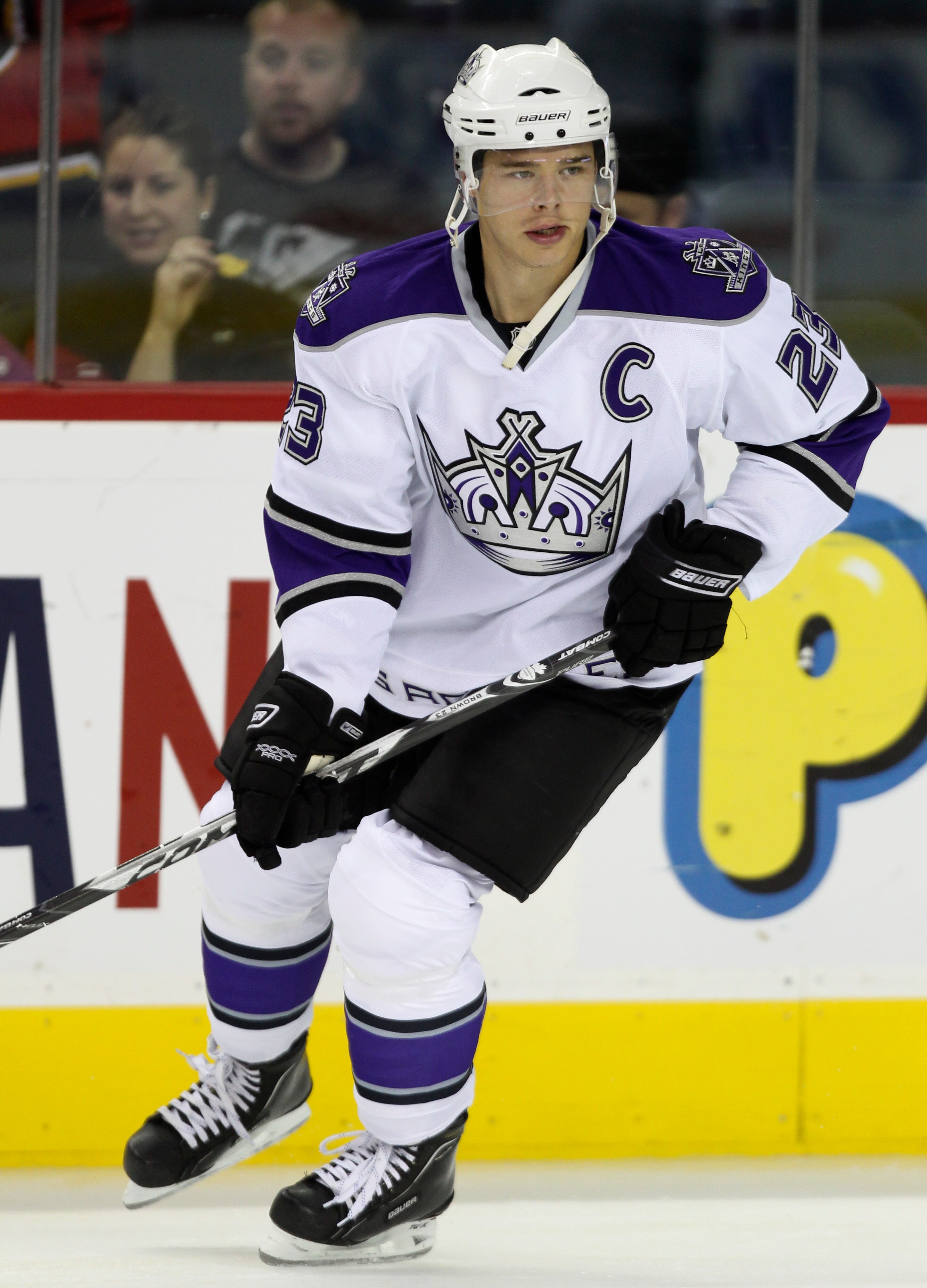 CALGARY, CANADA - OCTOBER 10:  Dustin Brown #23 of the Los Angeles Kings  during the pregame skate before playing the Calgary Flames in NHL action on October 10, 2010 at the Scotiabank Saddledome in Calgary, Alberta, Canada. (Photo by Mike Ridewood/Getty